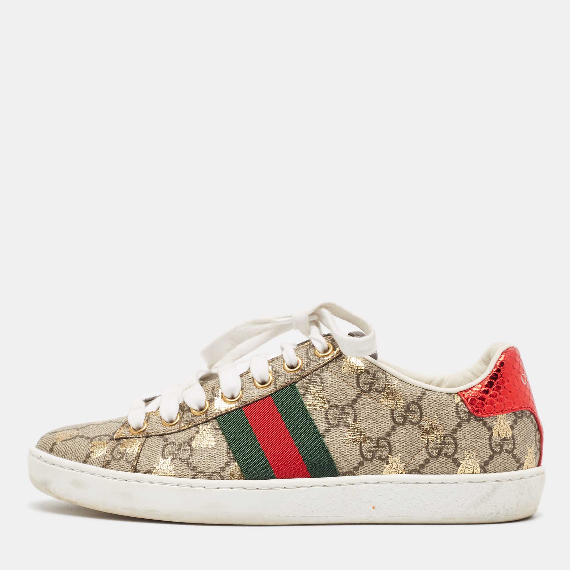 

Gucci Brown GG Canvas and Python Embossed Leather Ace Sneakers Size