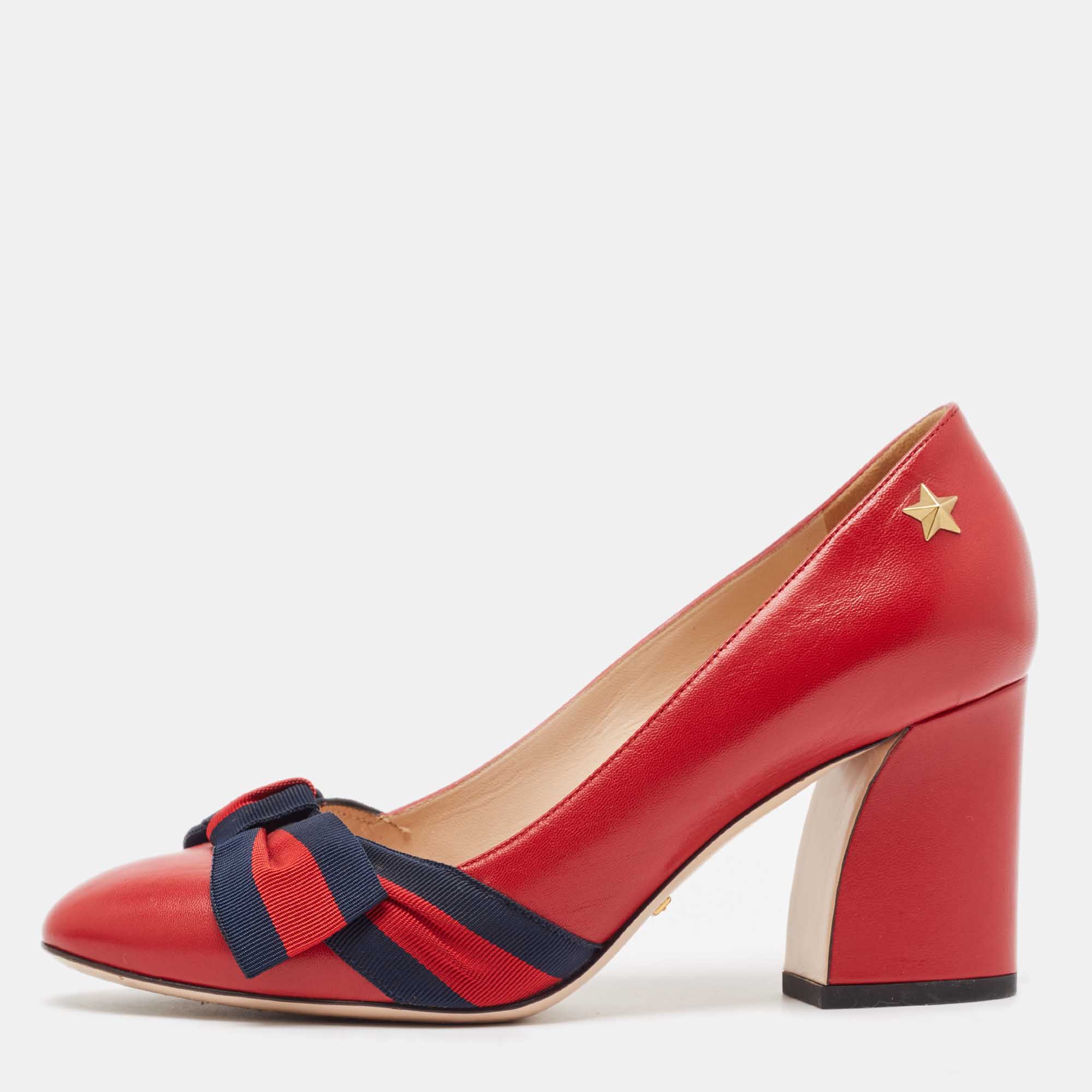 

Gucci Red Leather Web Bow Block Heel Pumps Size