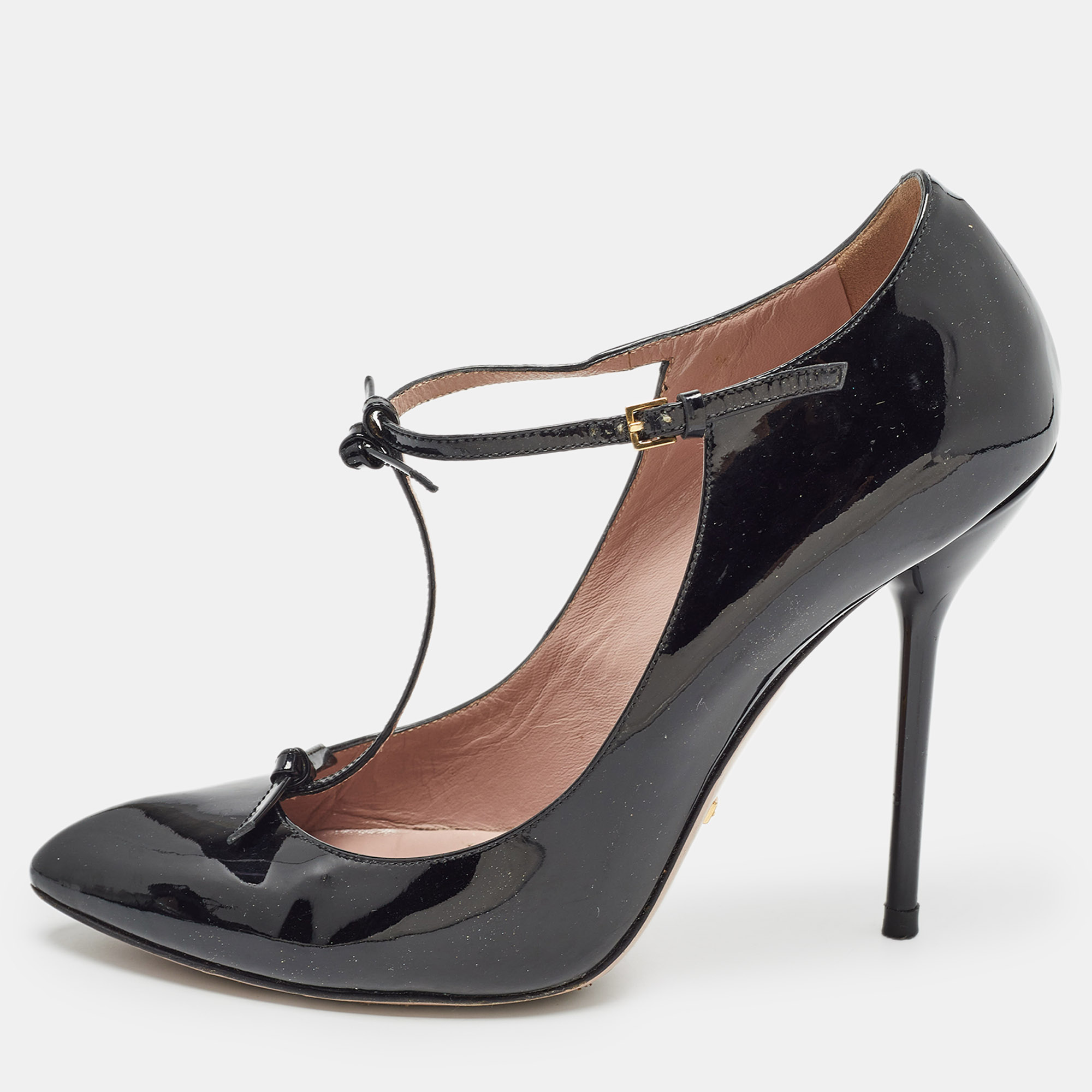 

Gucci Black Patent Leather Beverly T Strap Pumps Size