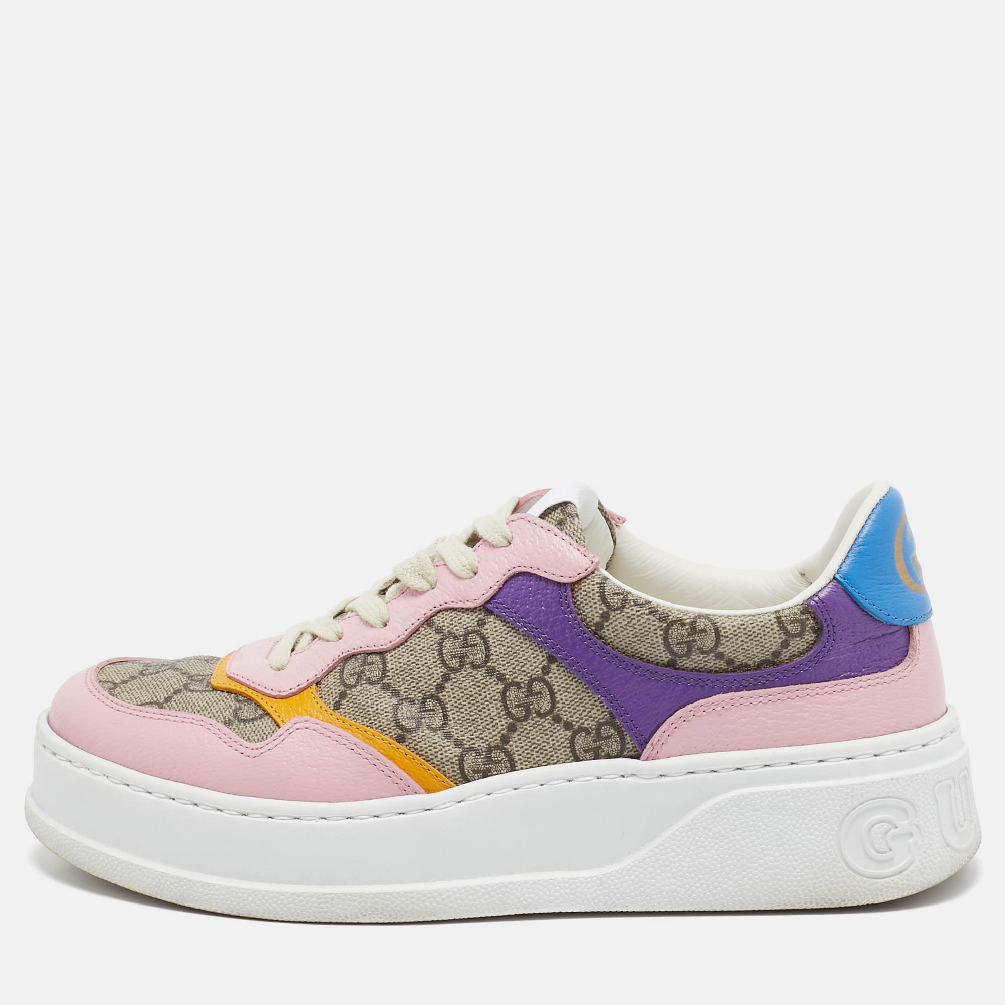 

Gucci Multicolor Leather and Monogram Supreme Canvas Platform Sneakers Size, Brown