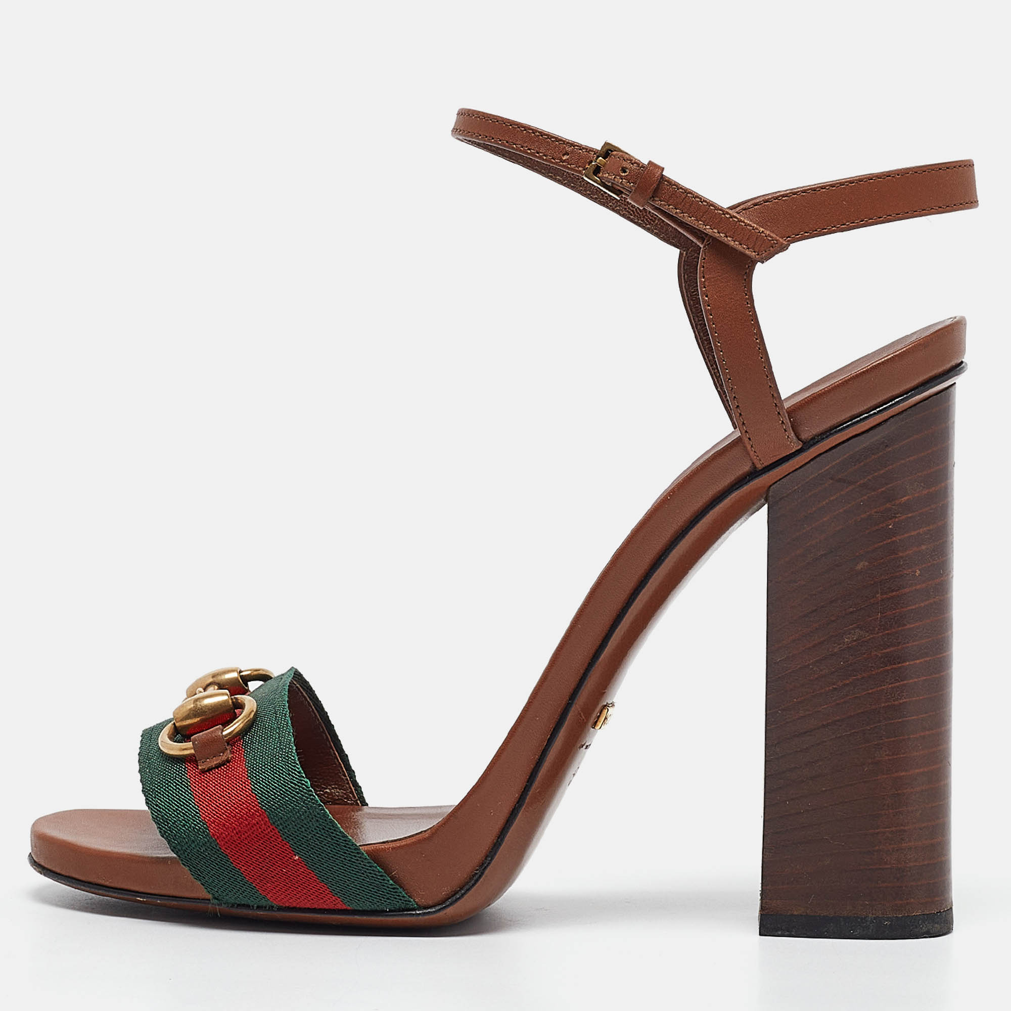 

Gucci Brown Leather and Canvas Web Horsebit Ankle Strap Sandals Size