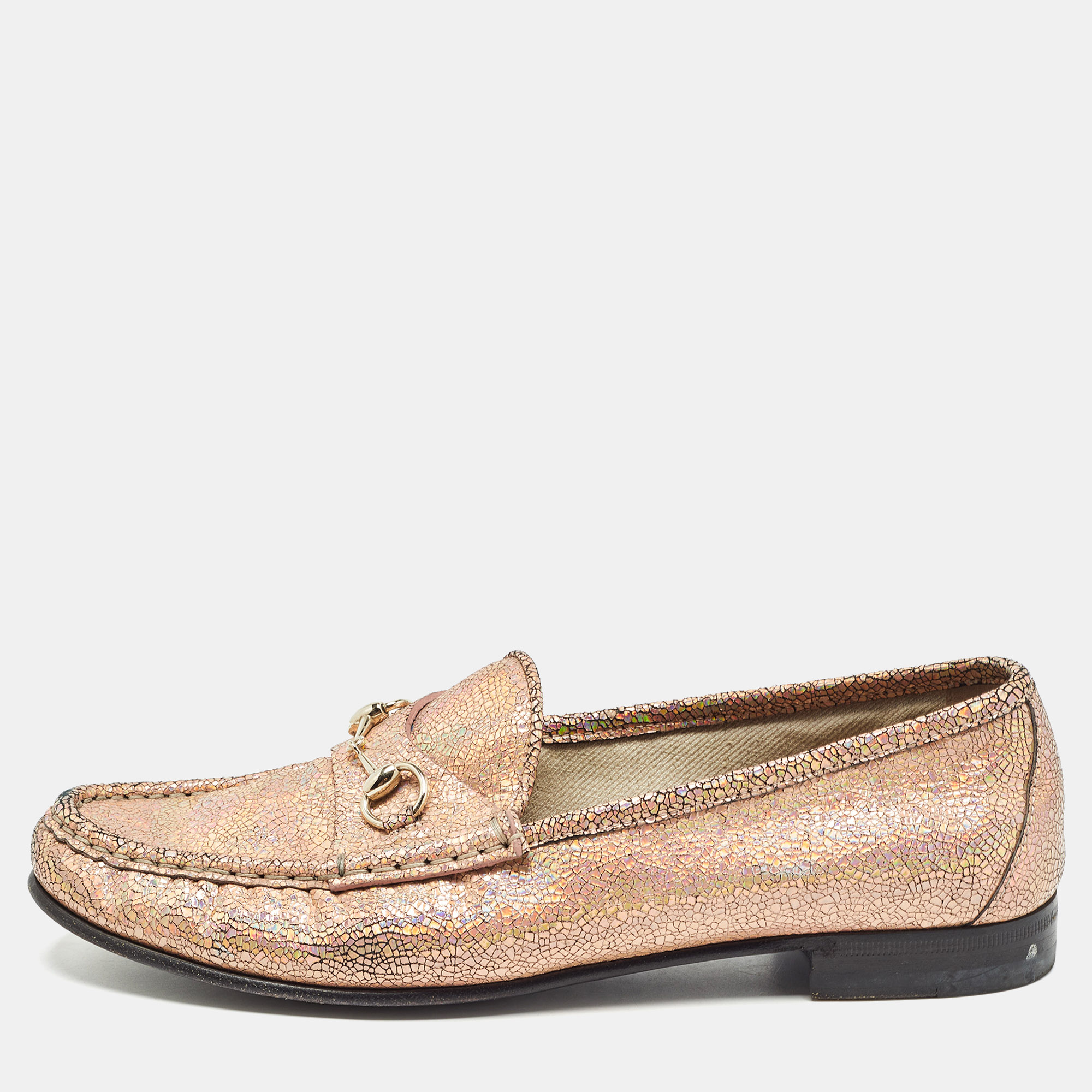 

Gucci Metallic Pink Textured Suede Horsebit Loafers Size