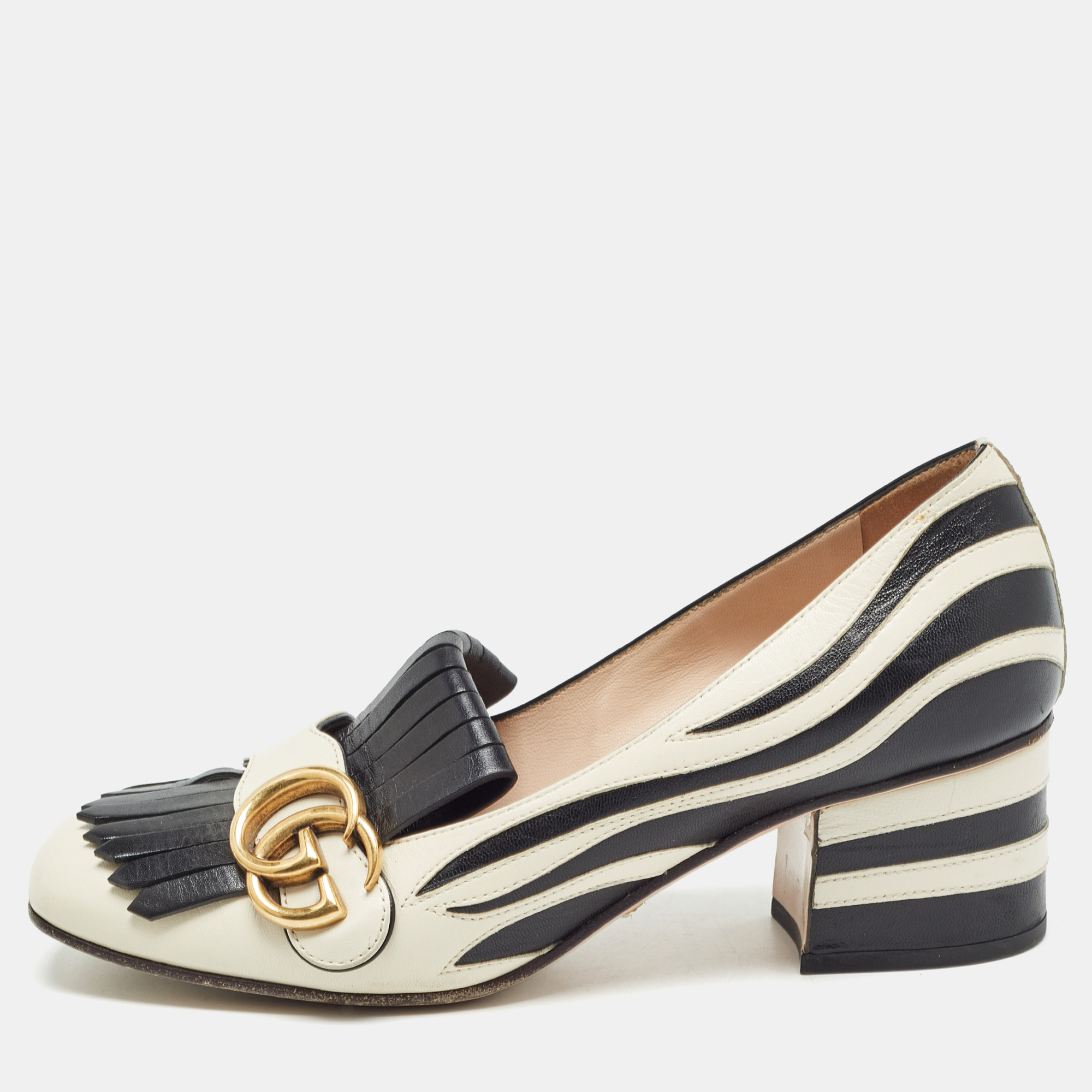 

Gucci White/Black Leather GG Marmont Fringed Pumps Size