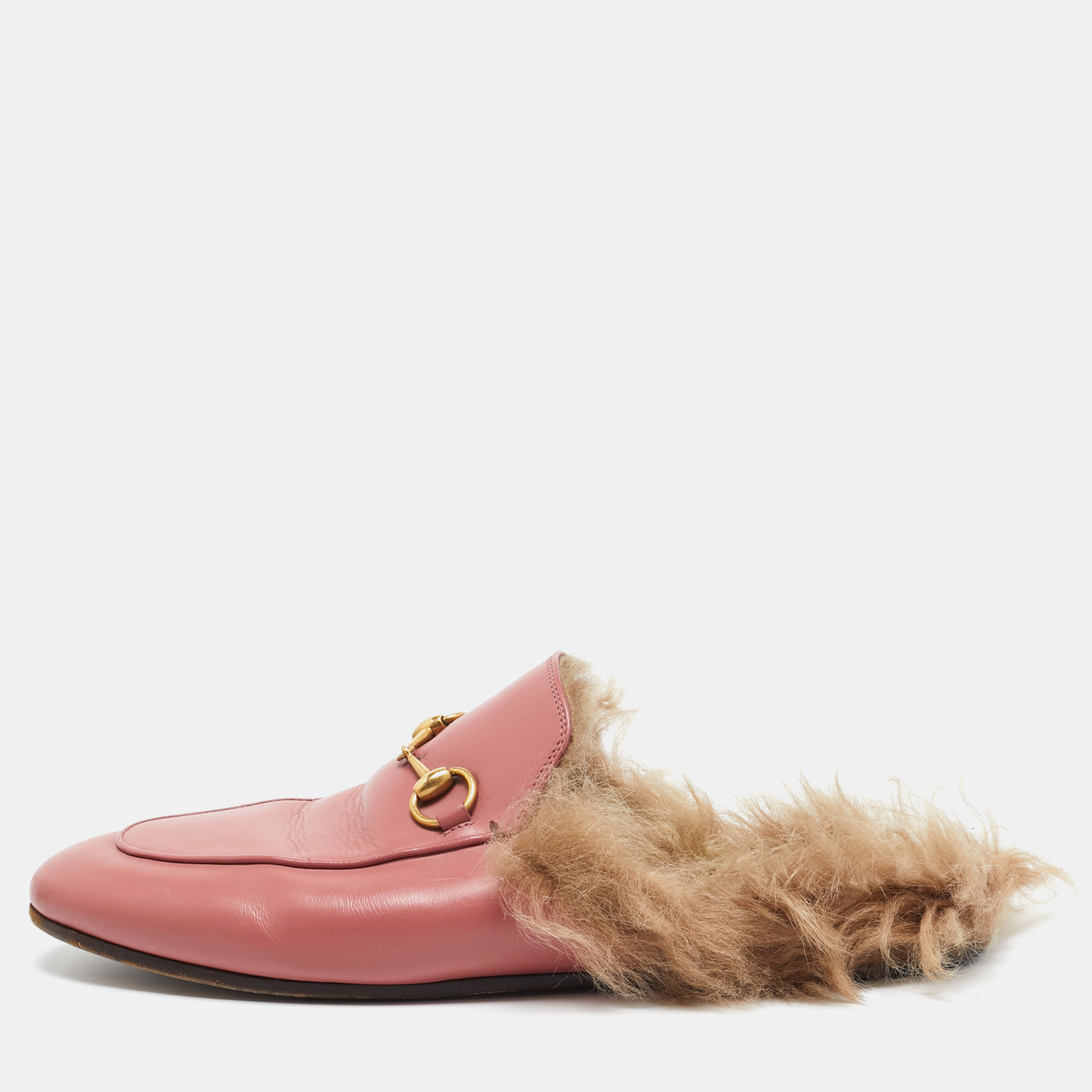 

Gucci Pink Leather Fur Lined Horsebit Princetown Flat Mules Size