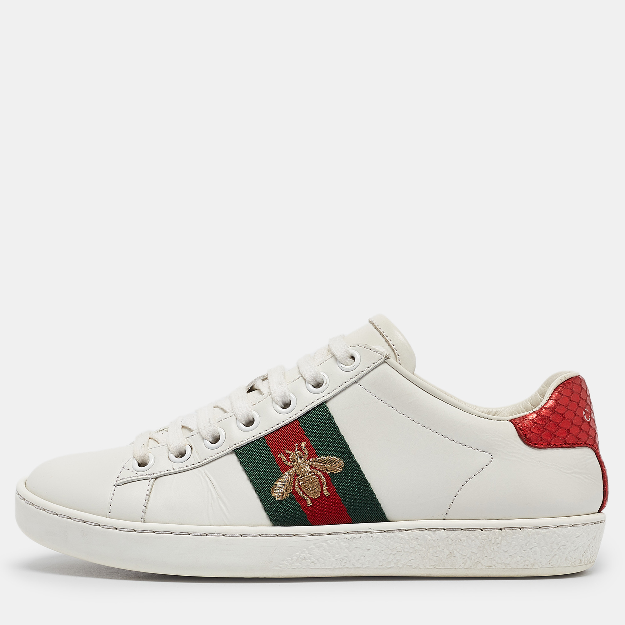 Pre-owned Gucci White Leather Bee Embroidered Ace Sneakers Size 34