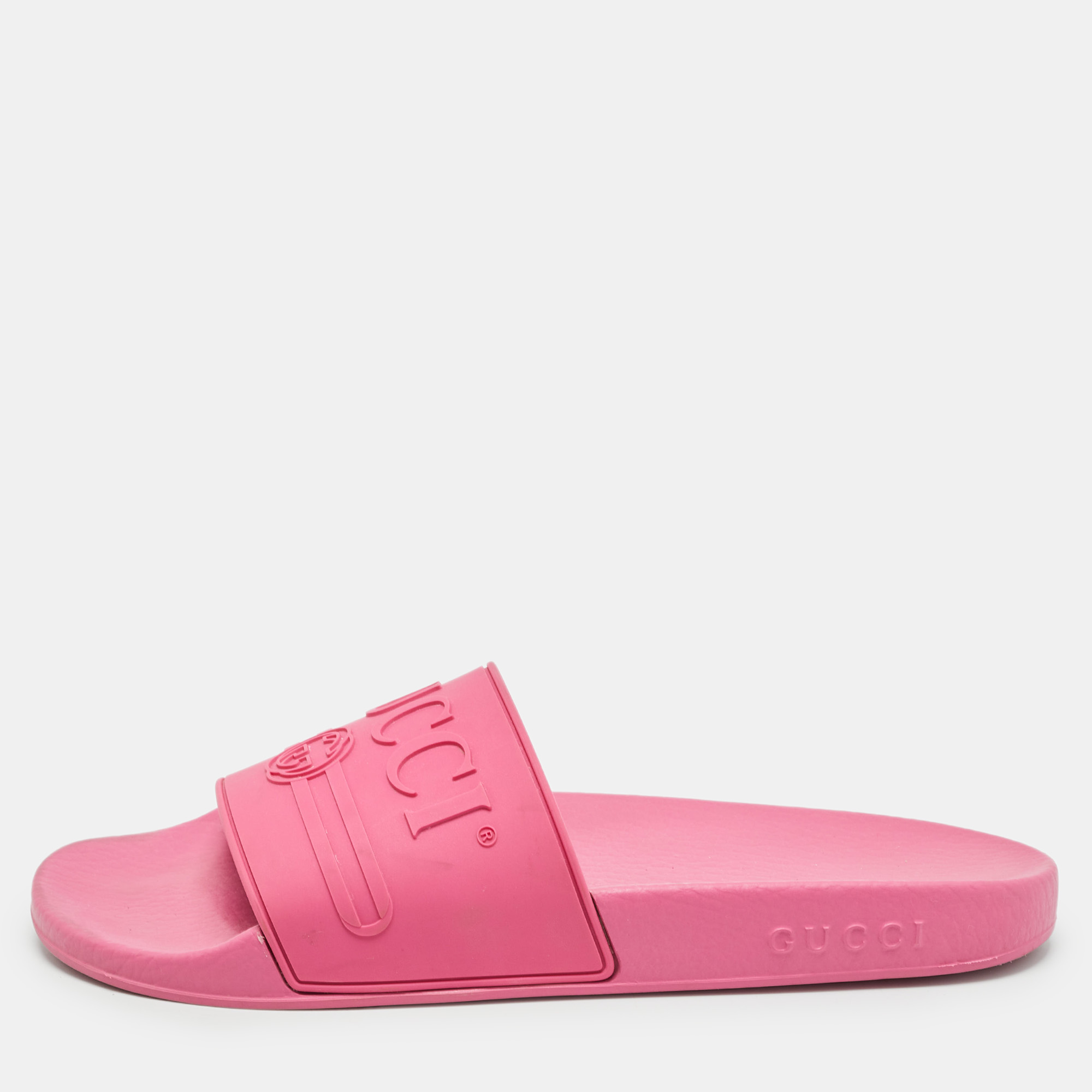 

Gucci Pink Rubber Logo Flat Slides Size