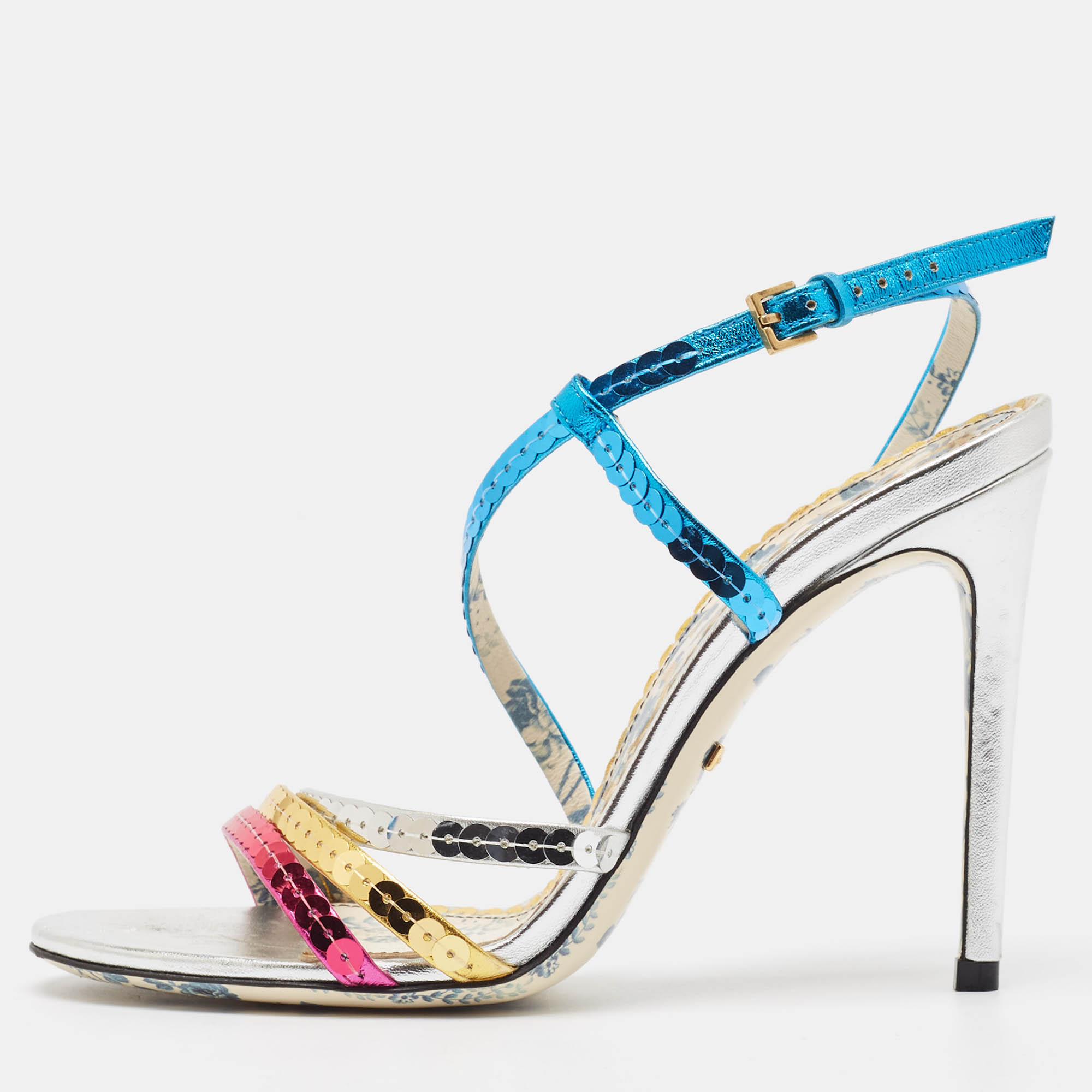 Pre-owned Gucci Multicolor Sequins And Leather Strappy Sandals Size 36