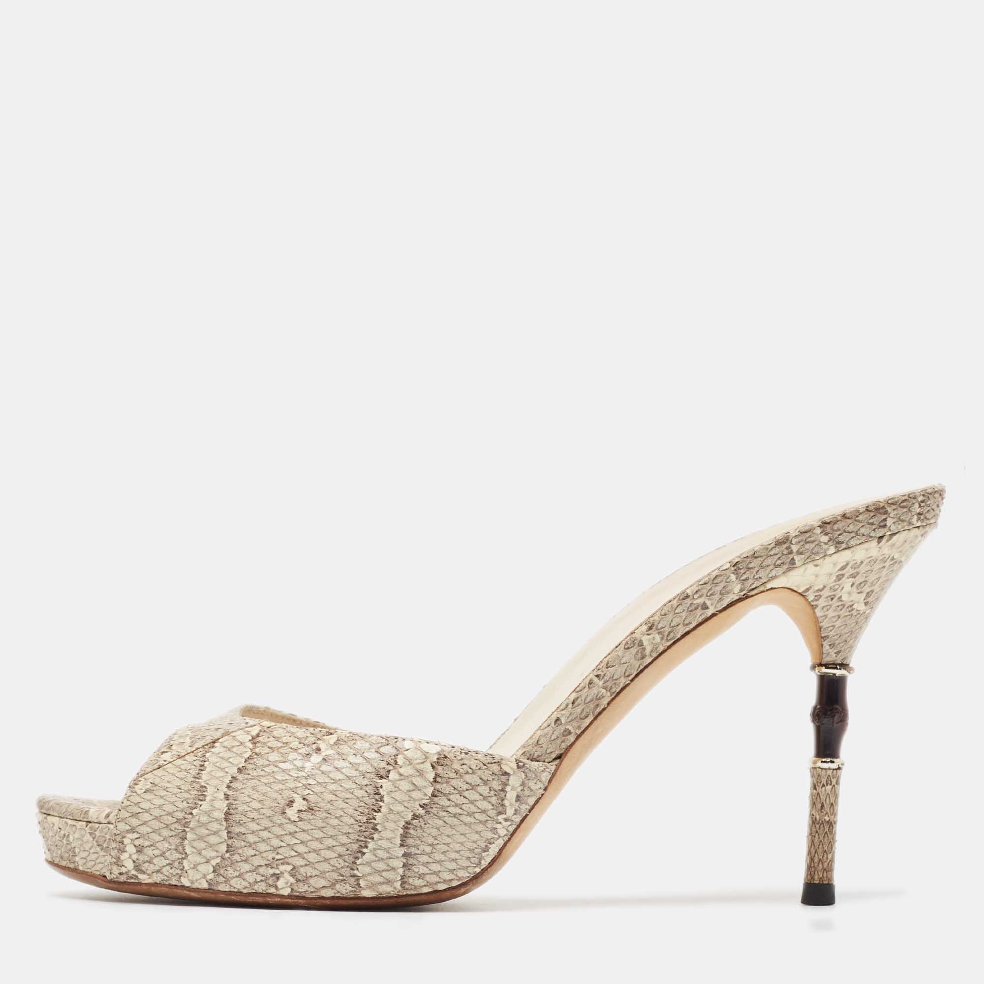 

Gucci Two Tone Snakeskin Bamboo Heel Slide Sandals Size, Brown