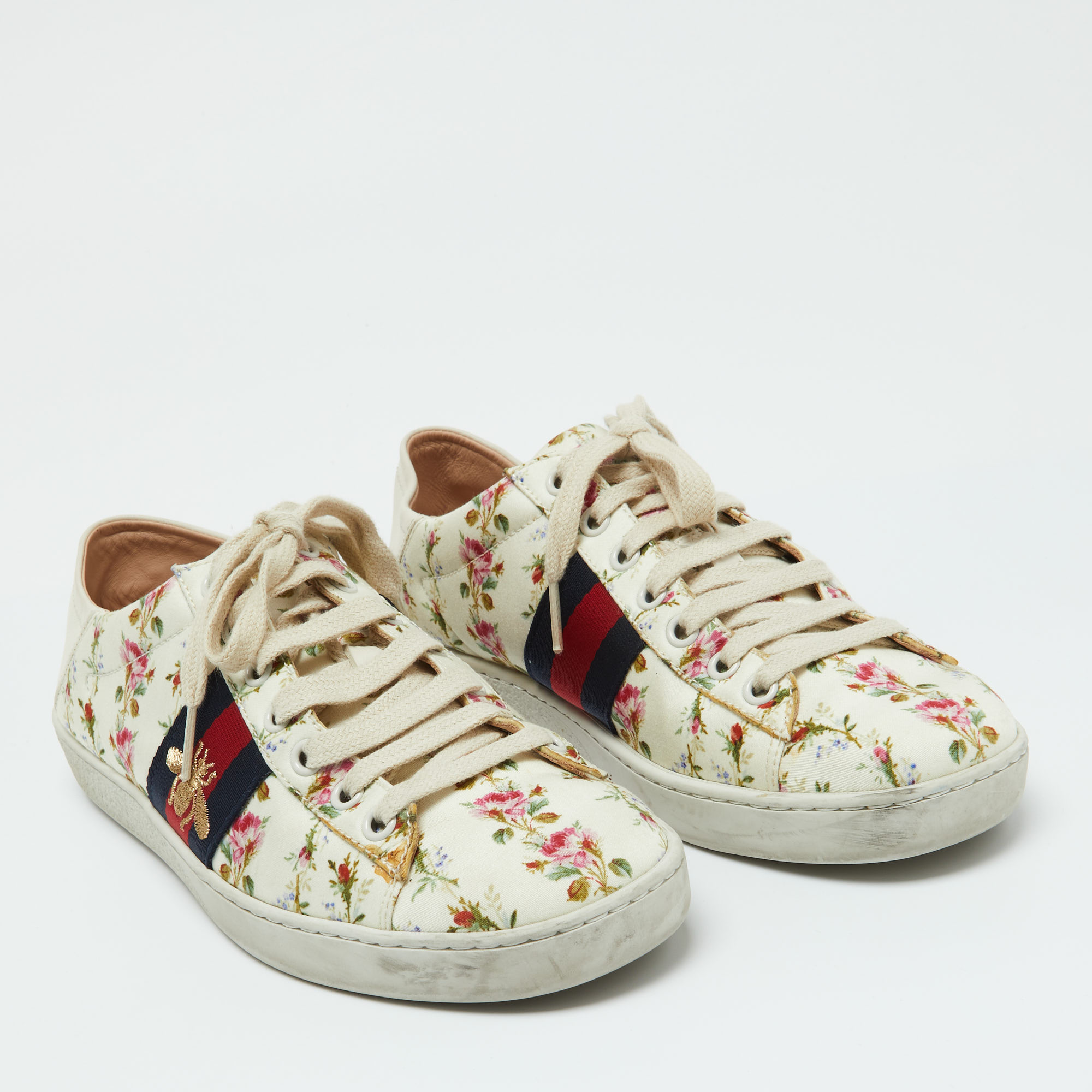 Gucci Multicolor Canvas and Leather Web Bee Ace Low Top Sneakers Size 36.5 