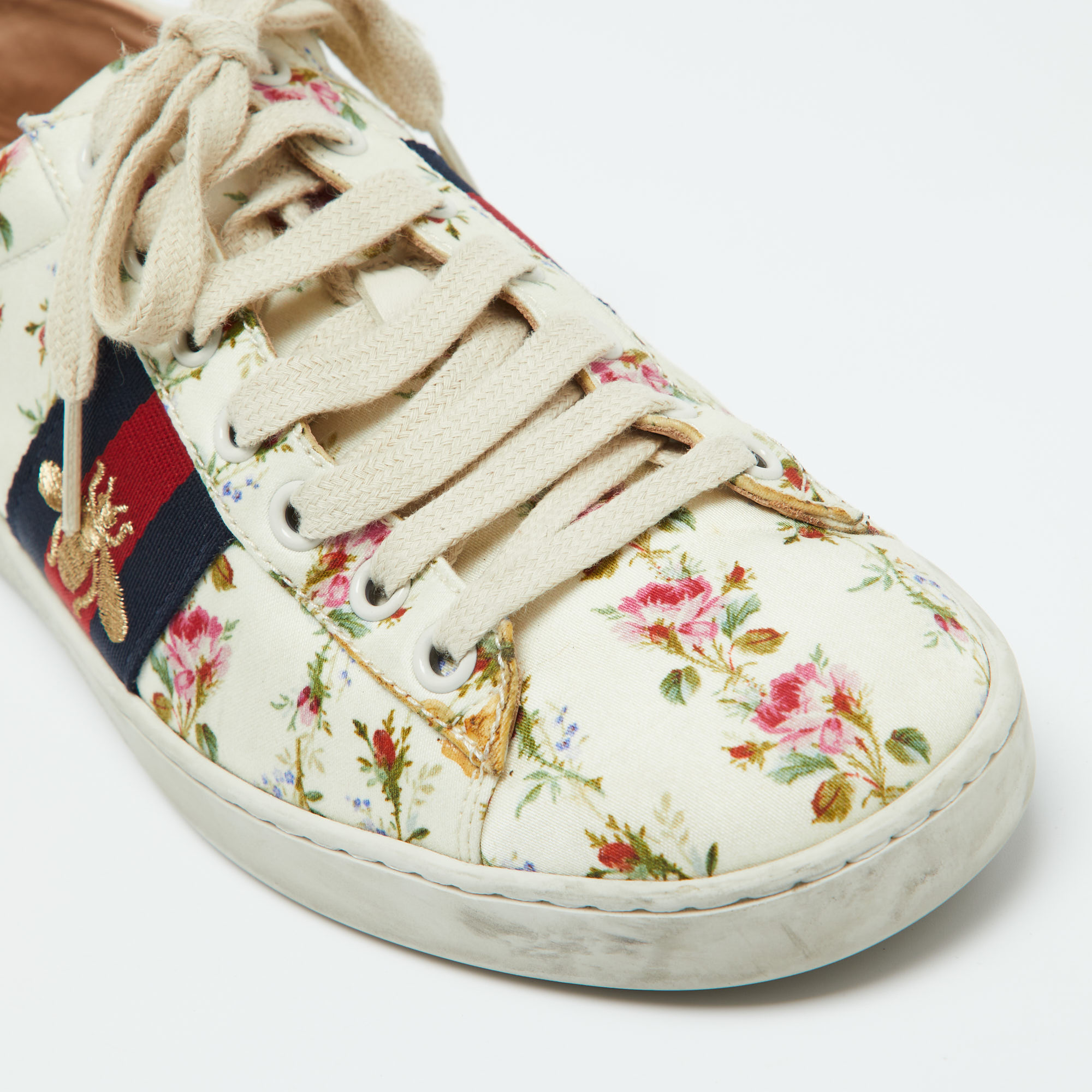 Gucci Multicolor Canvas and Leather Web Bee Ace Low Top Sneakers Size 36.5 