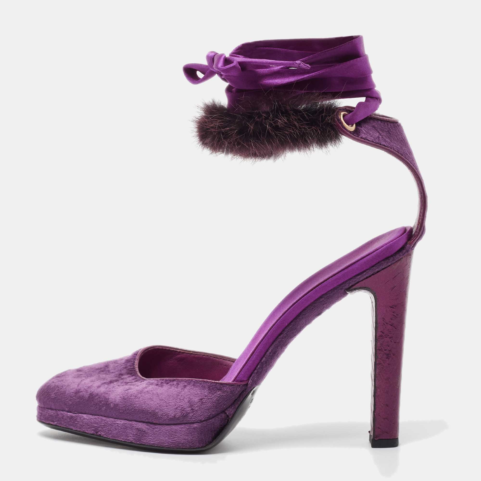 

Gucci Purple Velvet and Mink Fur Ankle Strap Sandals Size