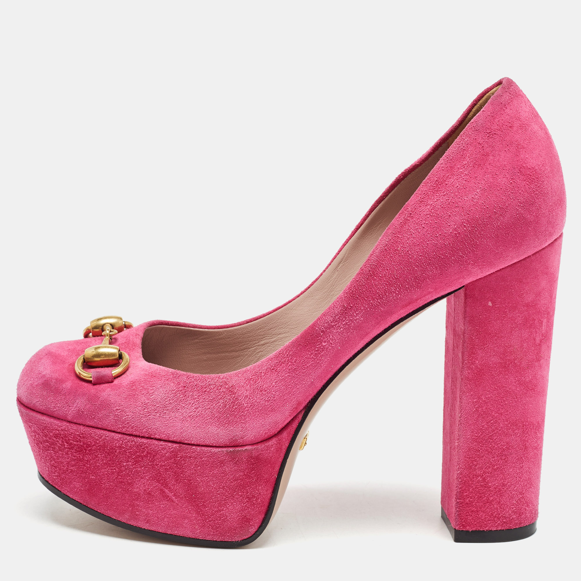 

Gucci Pink Suede Horsebit Platform Pumps Size