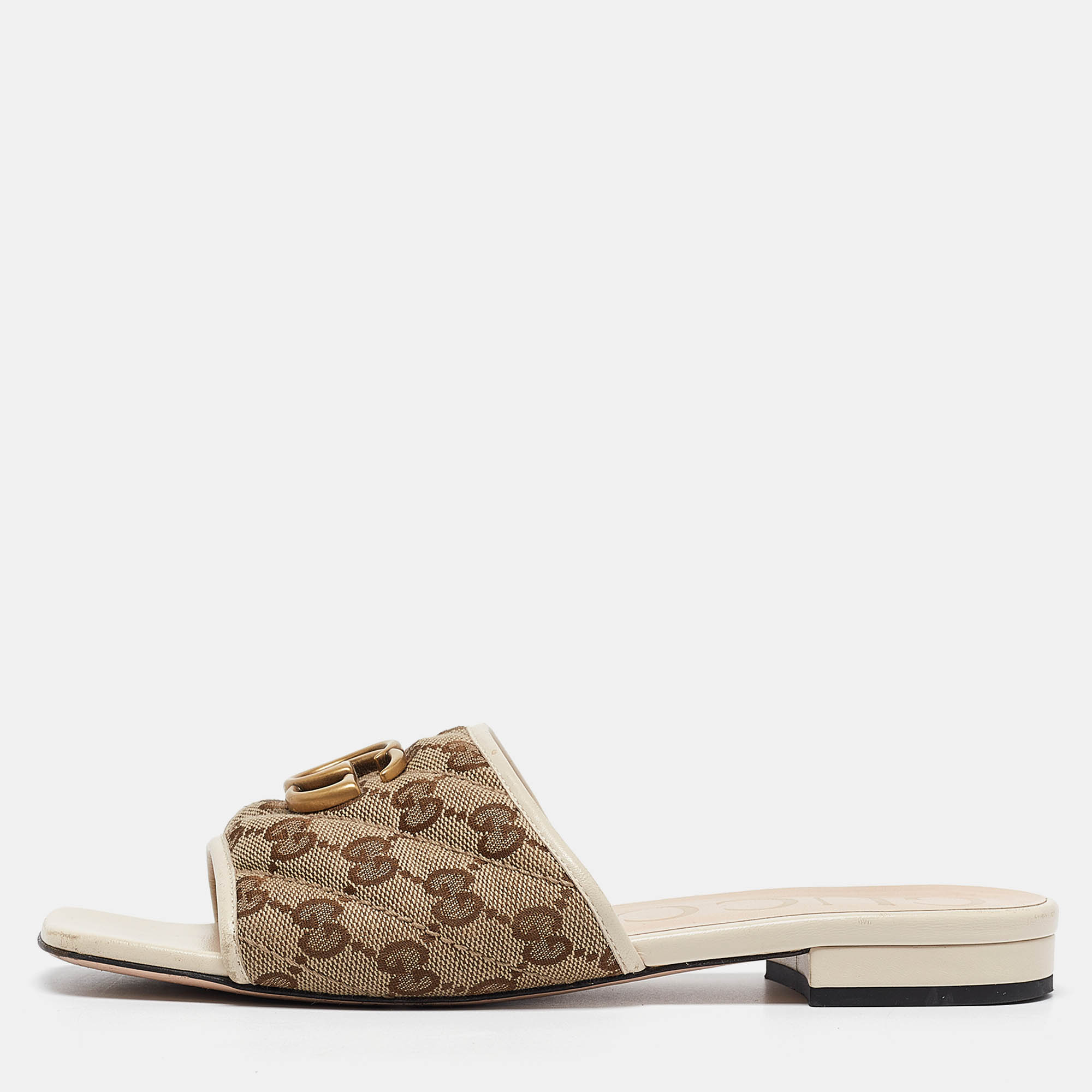 Pre-owned Gucci Brown/cream Gg Canvas Double G Flat Slides Size 37.5