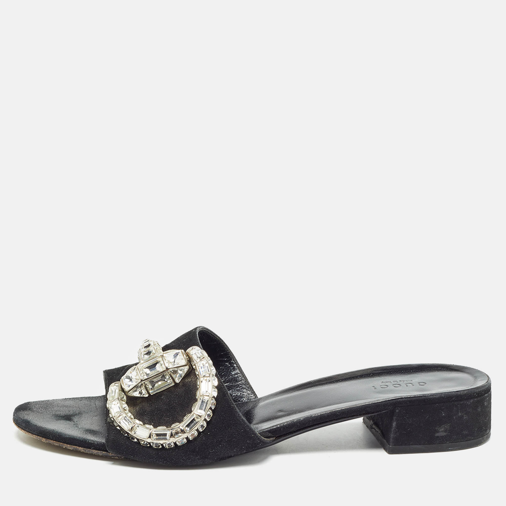 

Gucci Black Suede Embellished Maxime Slide Sandals Size