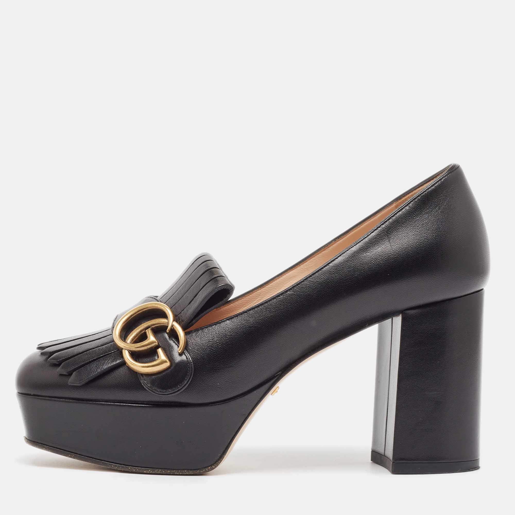 

Gucci Black Leather GG Marmont Fringed Platform Pumps Size