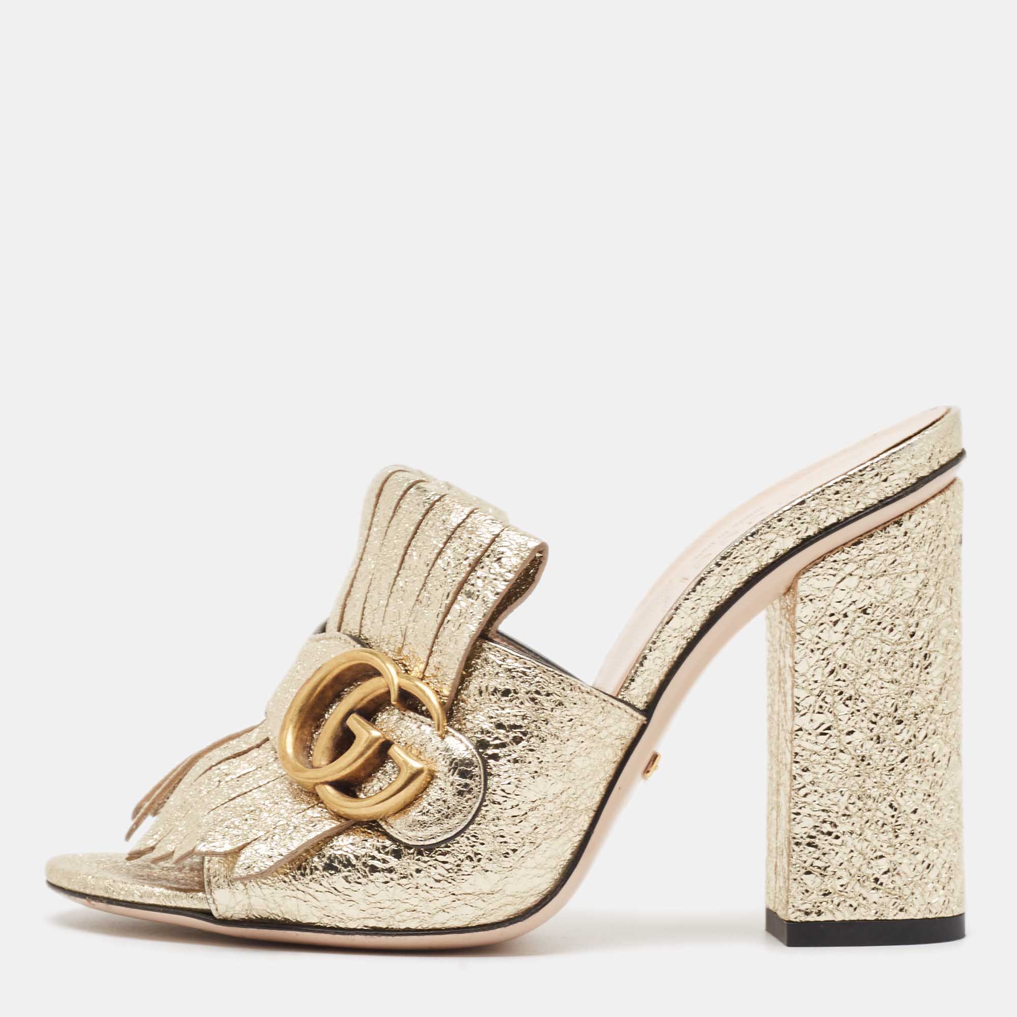 

Gucci Gold Texture Leather GG Marmont Sandals Size