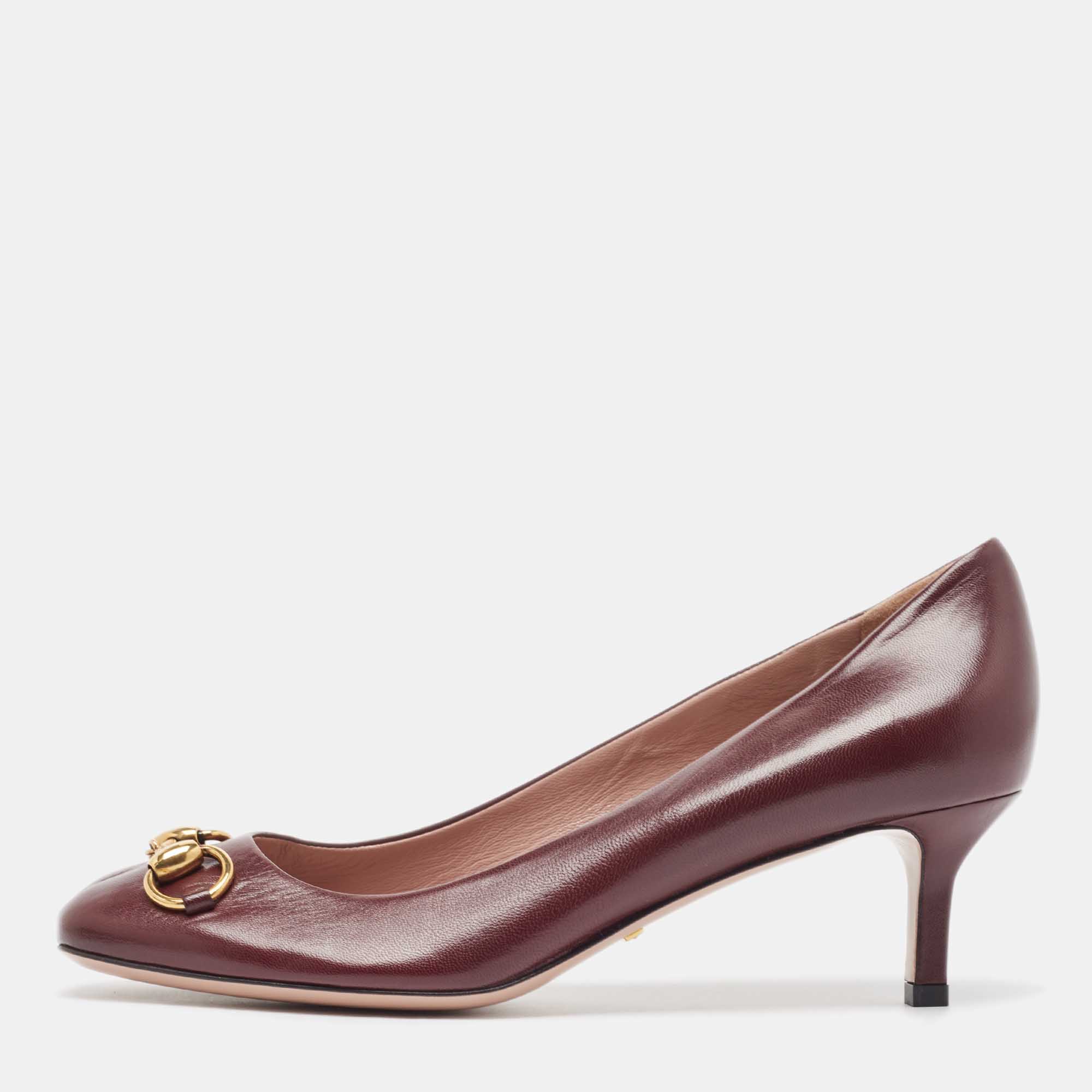 

Gucci Burgundy Leather Jolene Horsebit Square Toe Pumps Size