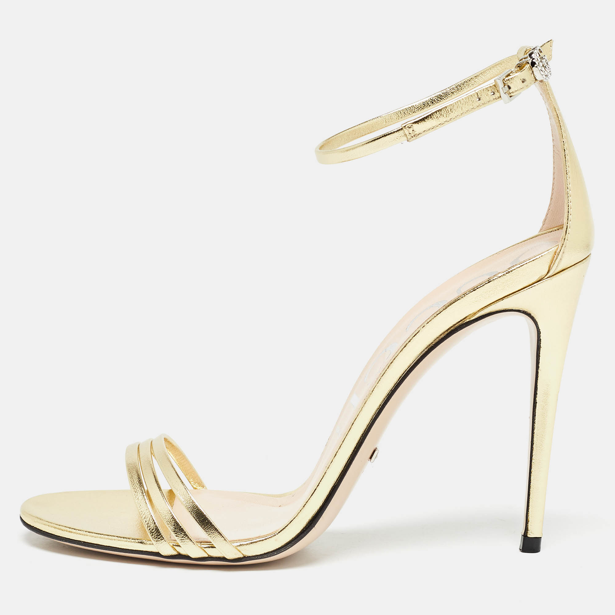 

Gucci Metallic Gold Leather Ankle Strap Sandals Size