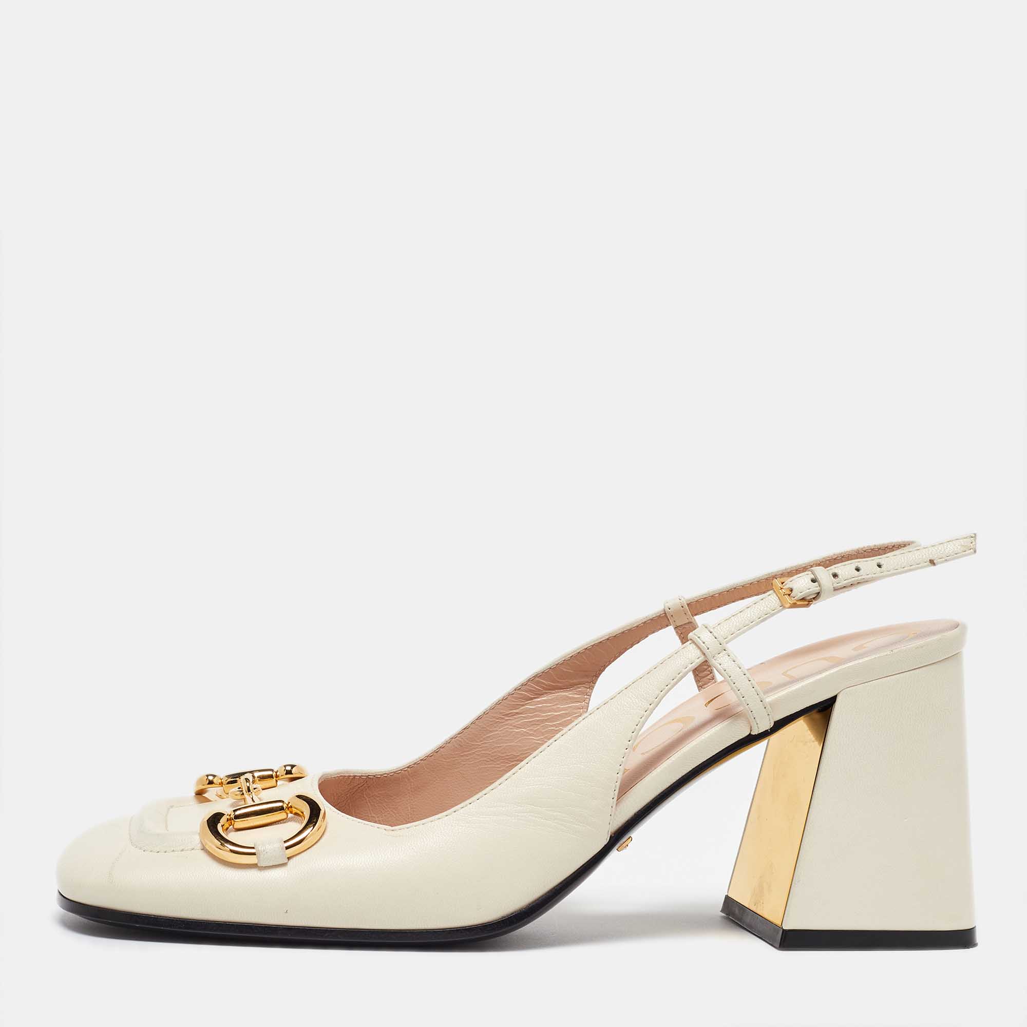 

Gucci Off White Leather Horsebit Slingback Sandals Size