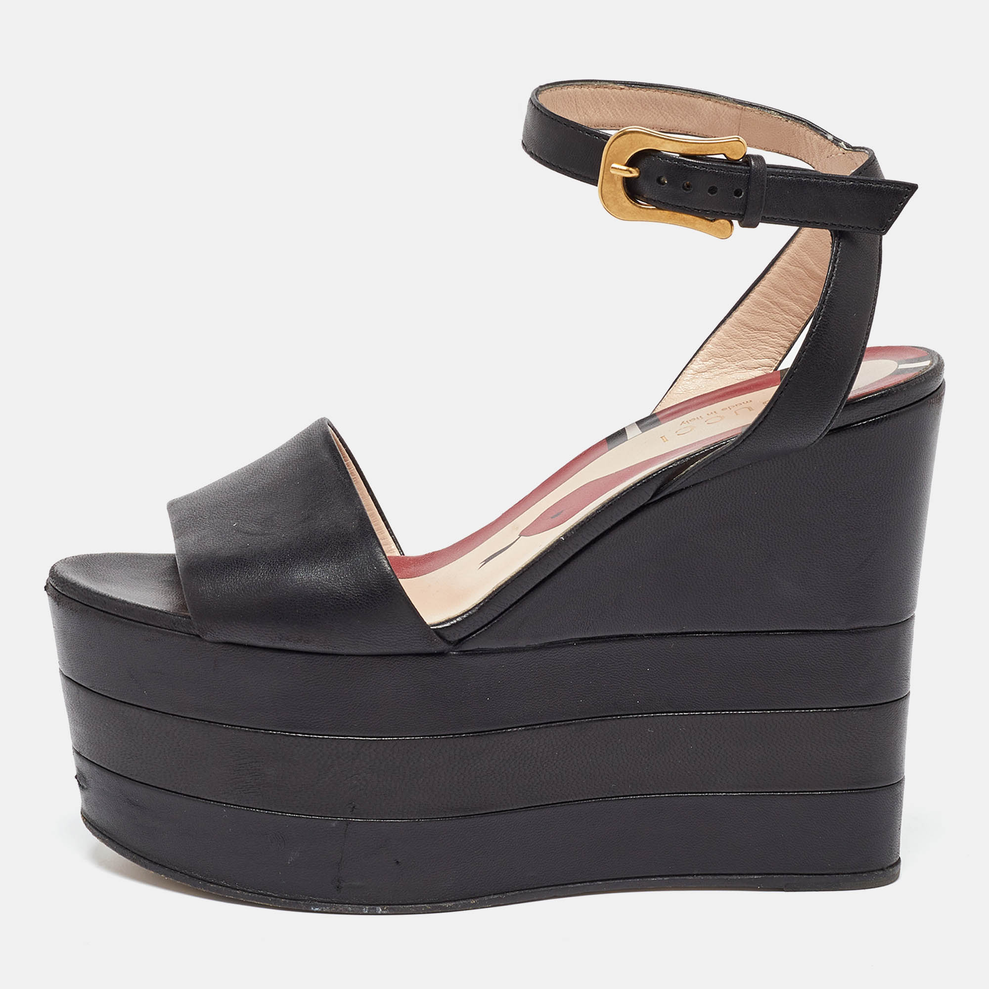 

Gucci Black Leather Sally Wedge Platform Ankle Strap Sandals Size