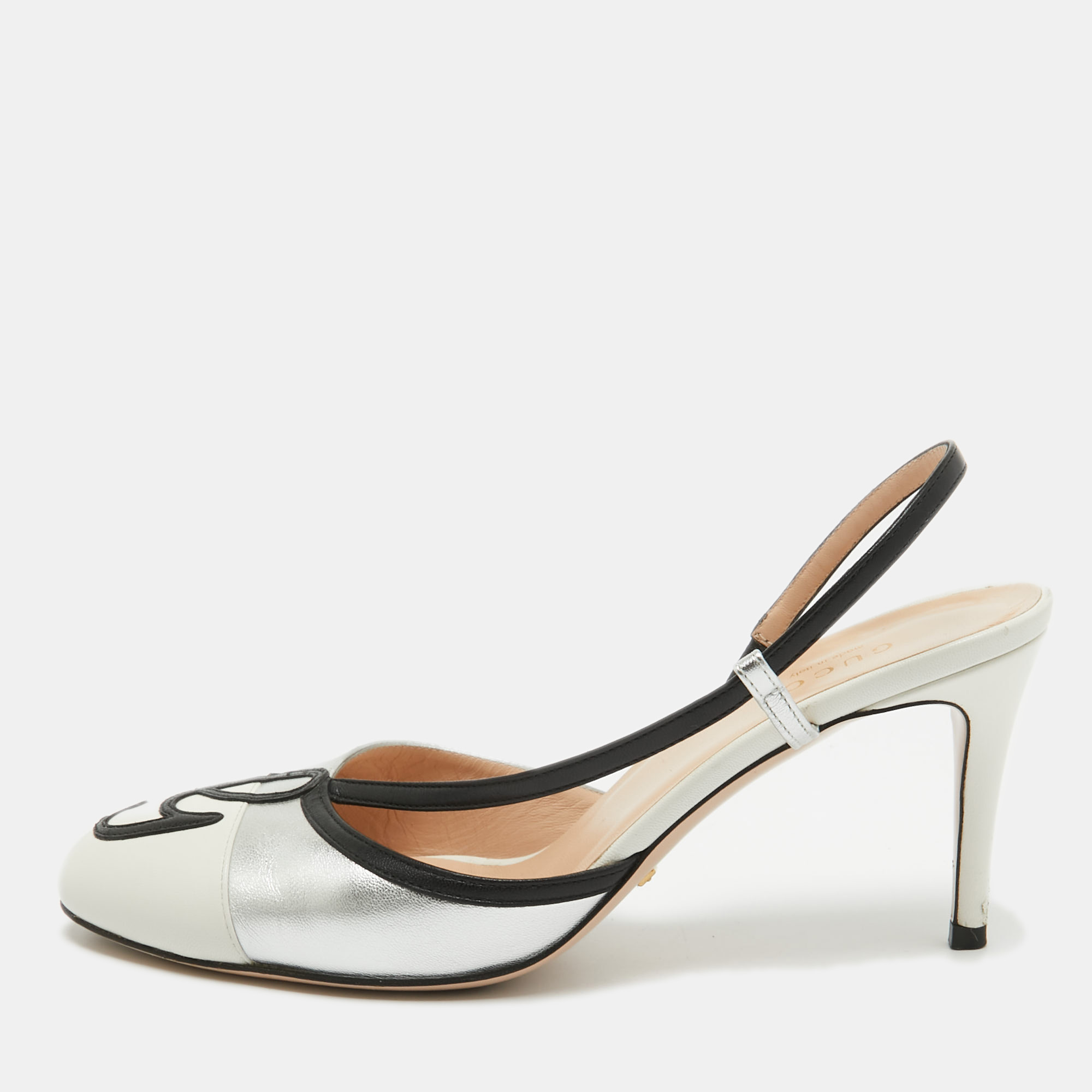 

Gucci Silver/White Leather Slingback Pumps Size