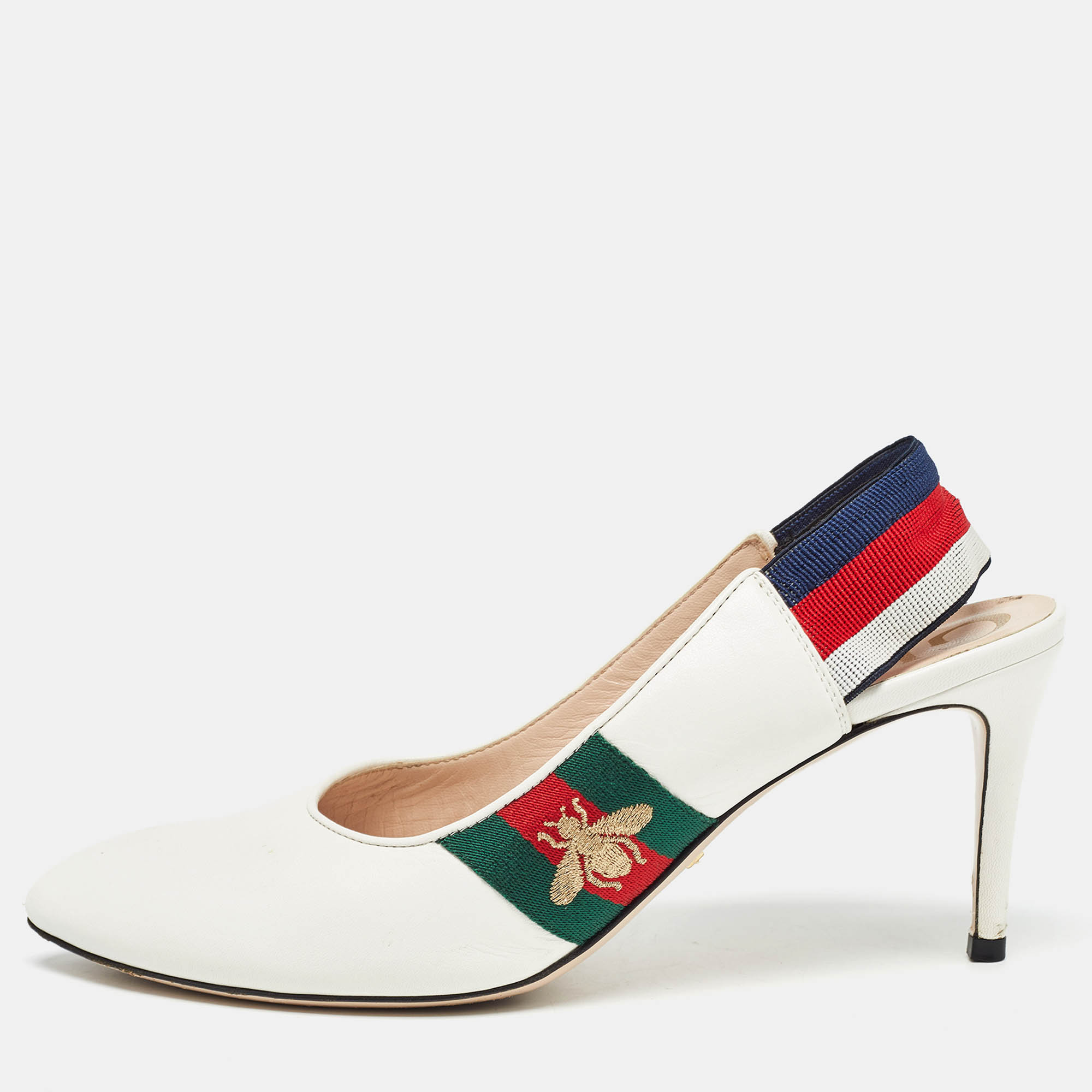 

Gucci White Leather Sylvie Slingback Pumps Size