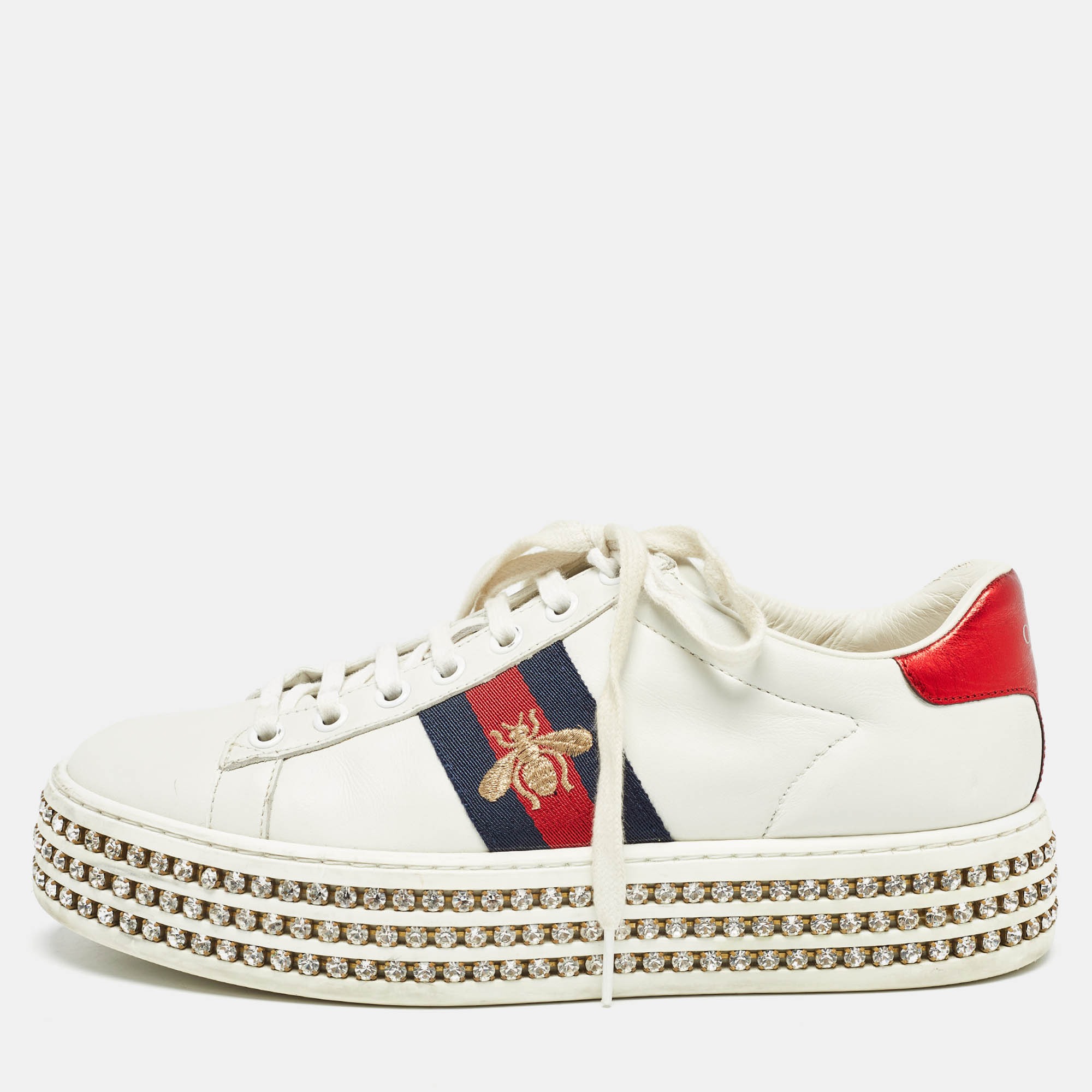 

Gucci White Leather Ace Web Sneakers Size