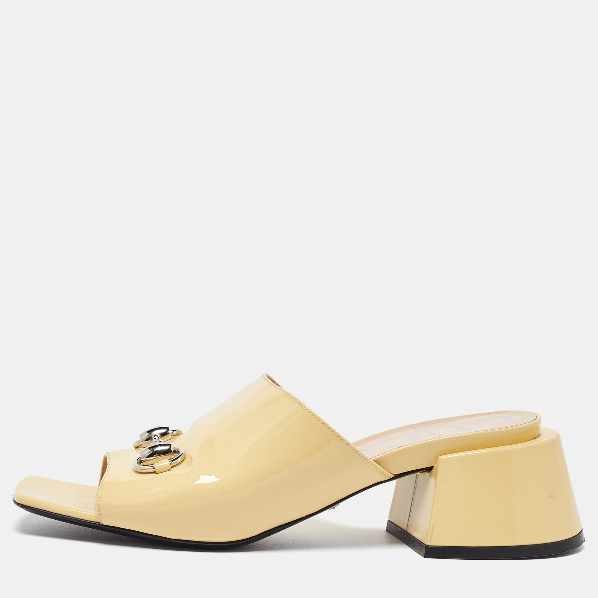 

Gucci Yellow Patent Leather Lexi Horsebit Slide Sandals Size