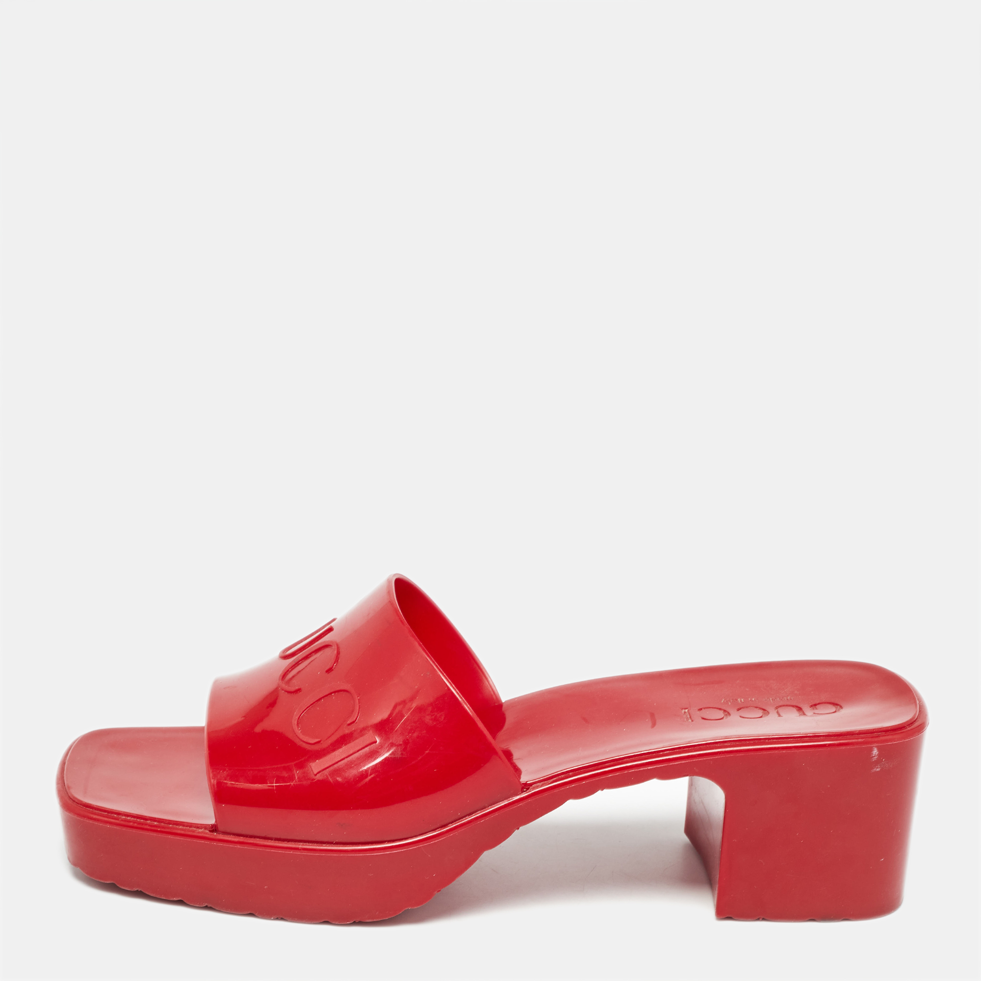 

Gucci Red Rubber Logo Embossed Slide Sandals Size