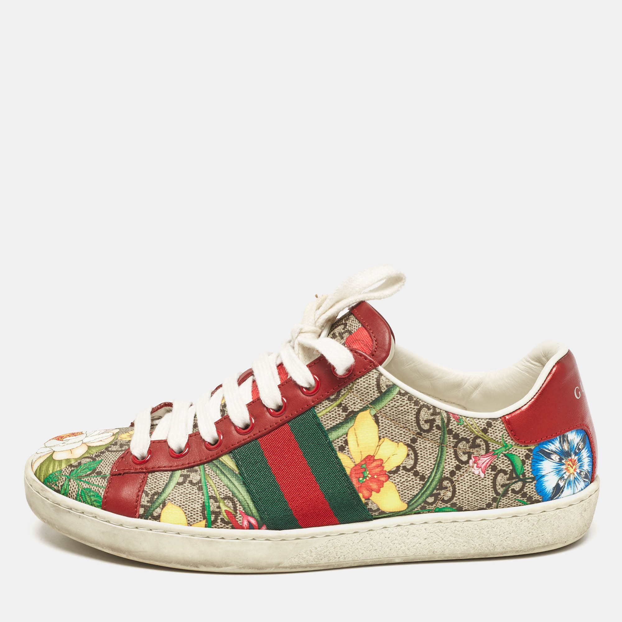 

Gucci Beige/Brown GG Supreme Canvas Floral Print Ace Sneakers Size