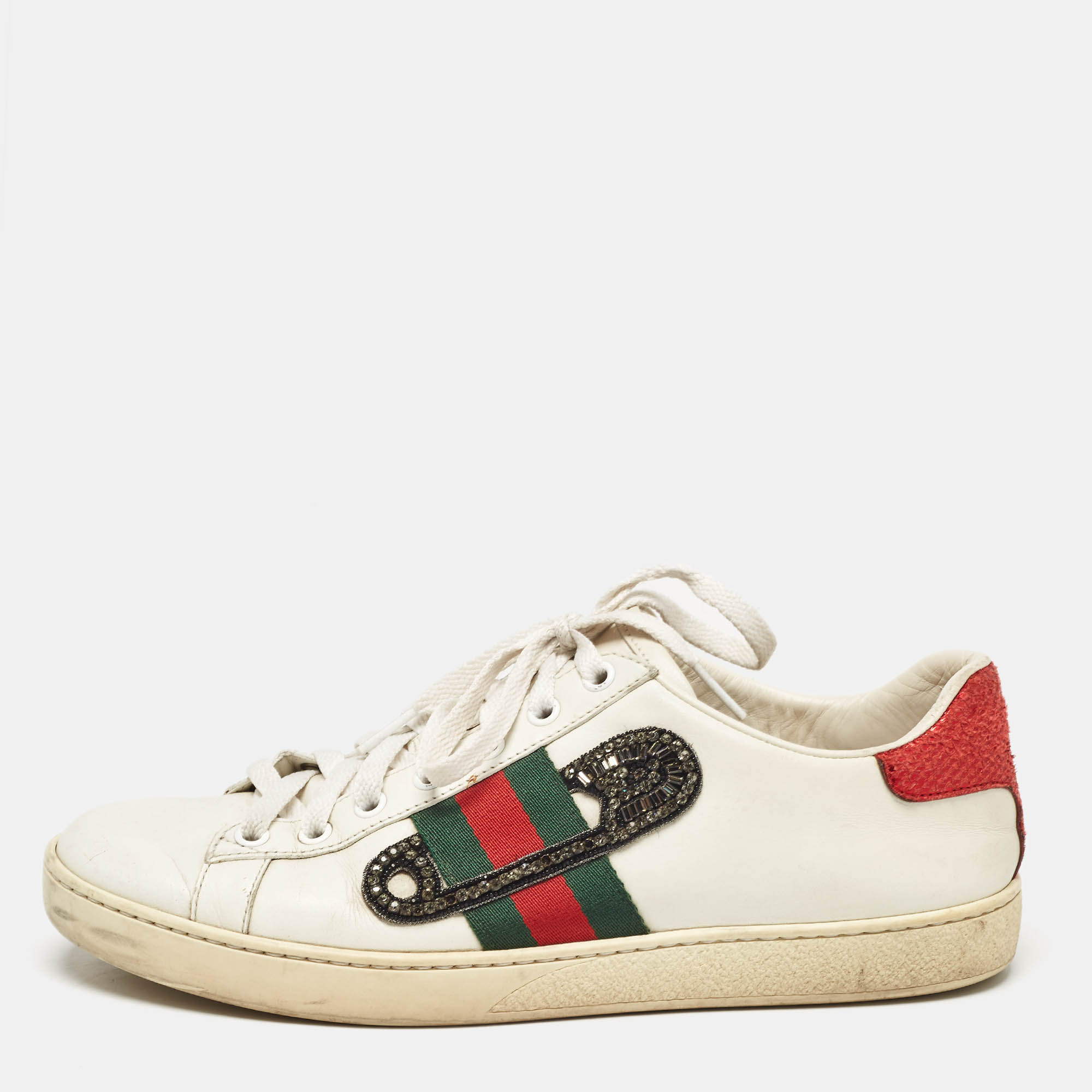 

Gucci White Leather Snakeskin Embossed Leather Ace Low Top Sneakers Size