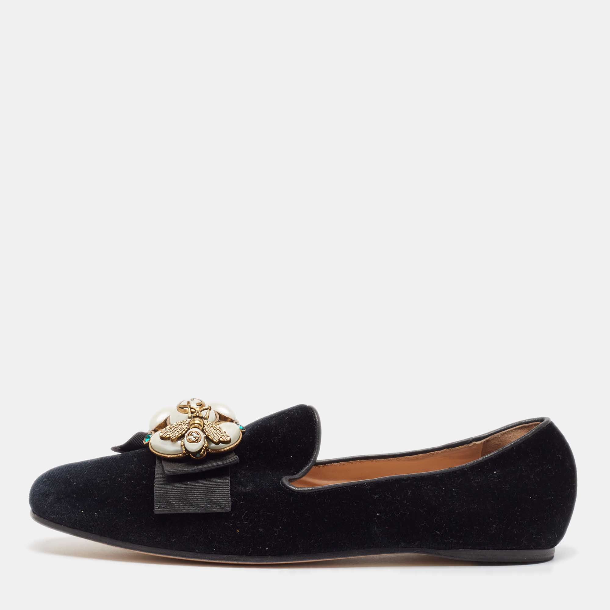 Pre-owned Gucci Black Velvet Embellished Etoile Loafers Size 37