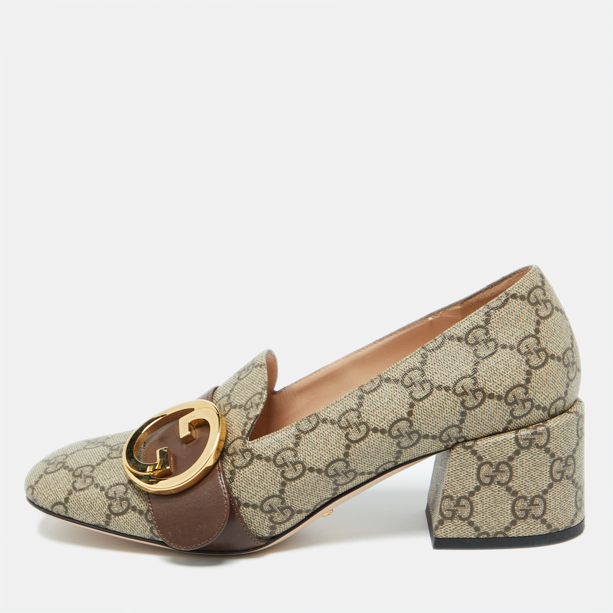 

Gucci Beige/Brown GG Sumpreme Canvas and Leather Block Heel Pumps Size