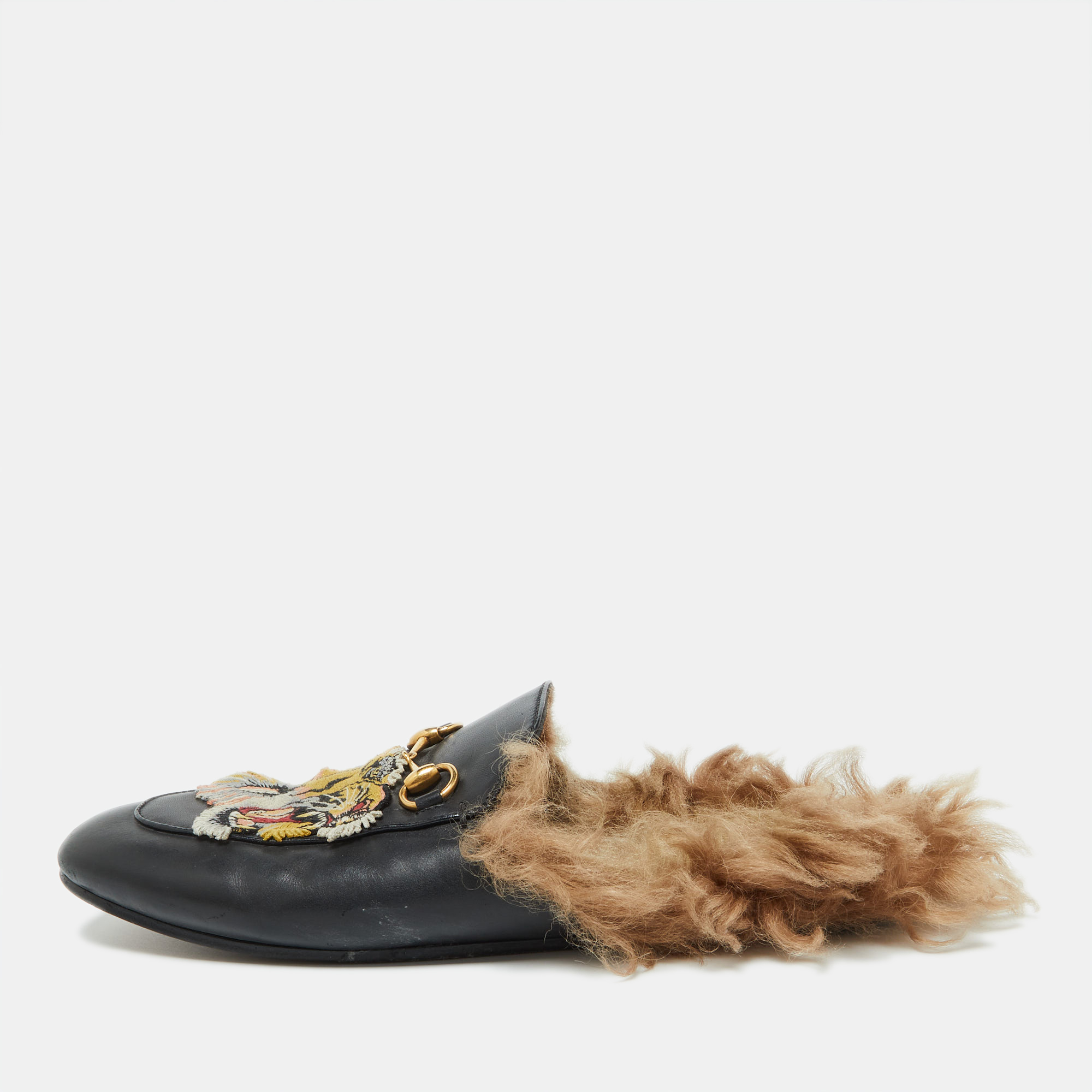 

Gucci Black Leather and Fur Tiger Embroidered Princetown Mules Size