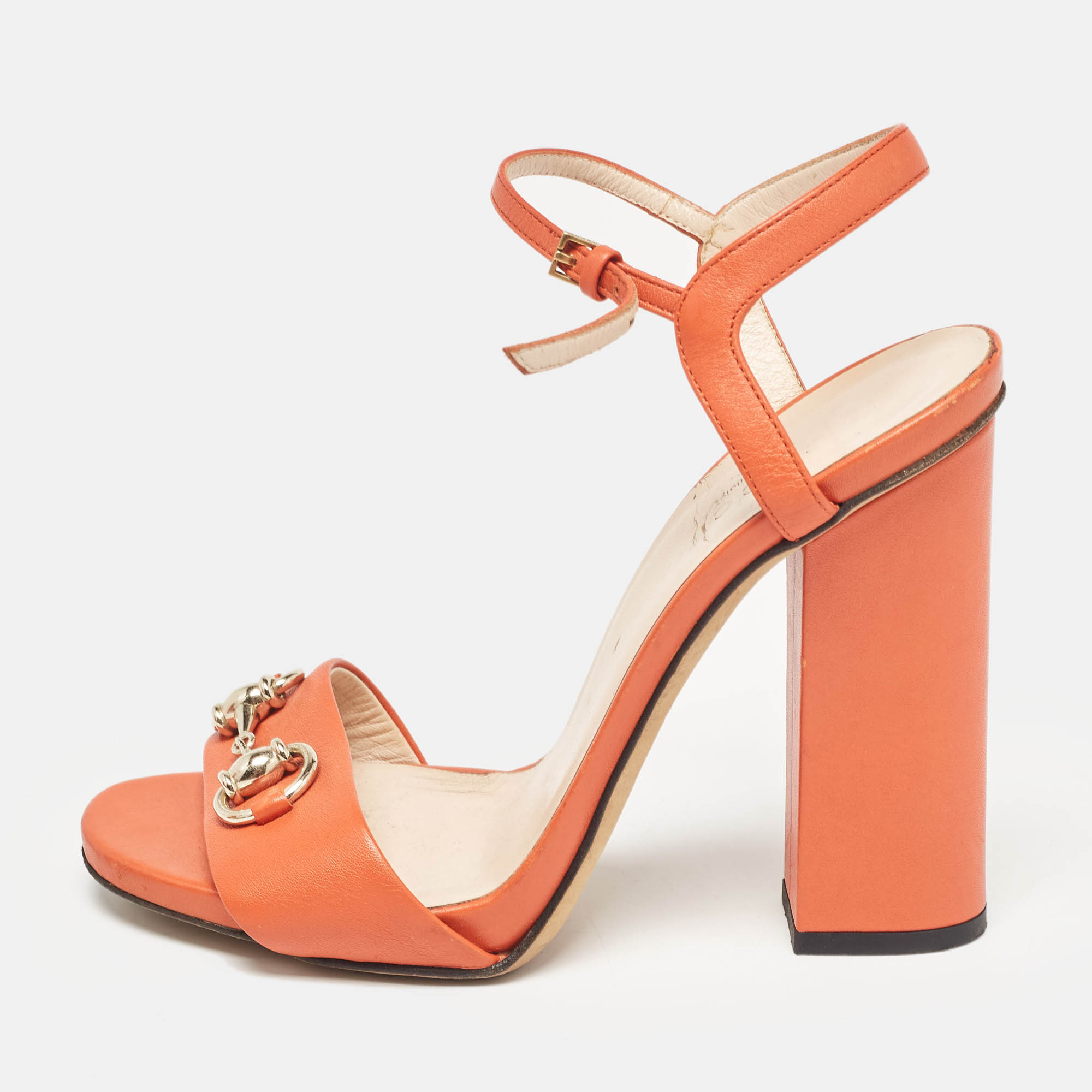 Pre-owned Gucci Orange Leather Claudie Ankle Strap Sandals Size 36