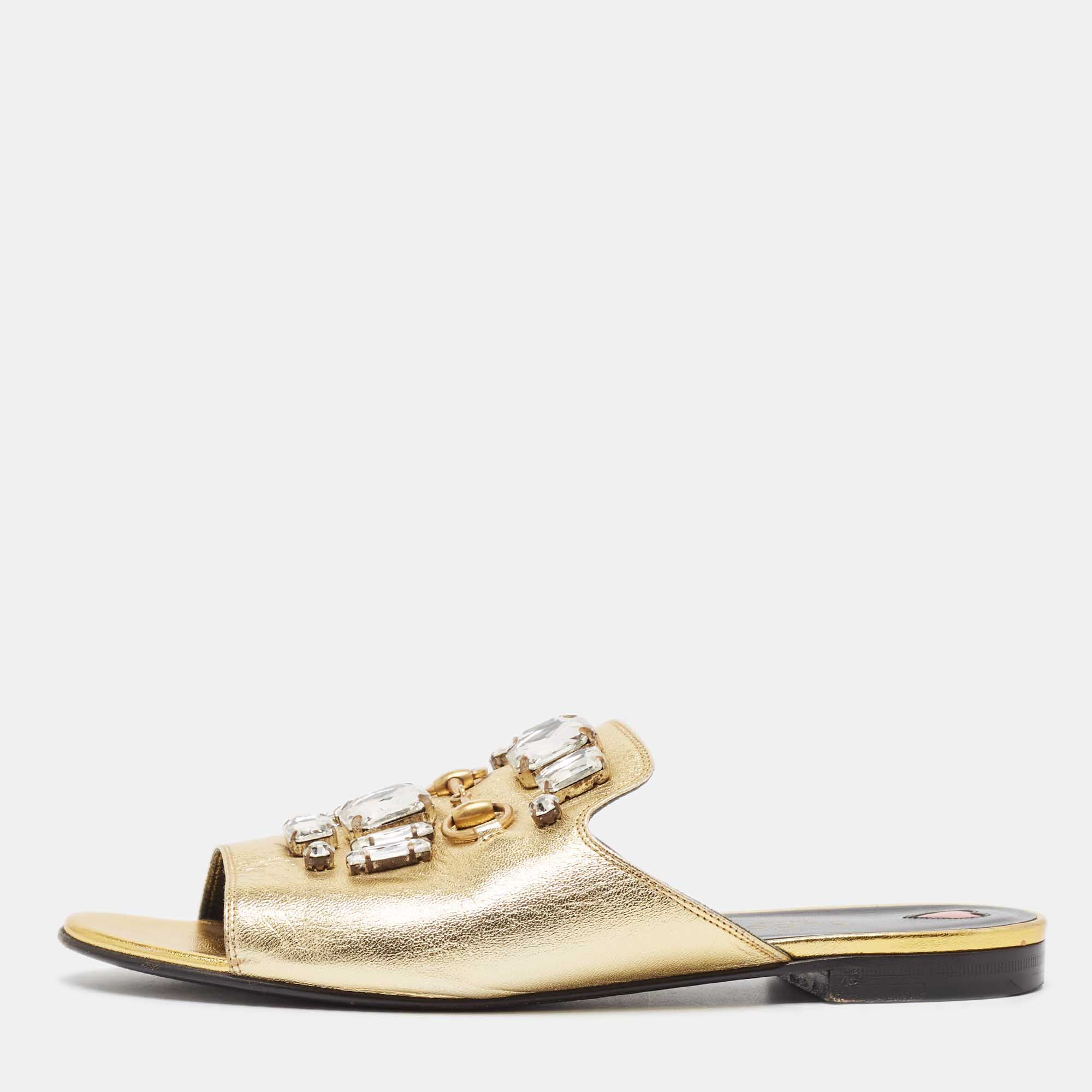 

Gucci Gold Leather Crystal Embellished Horsebit Flat Slides Size