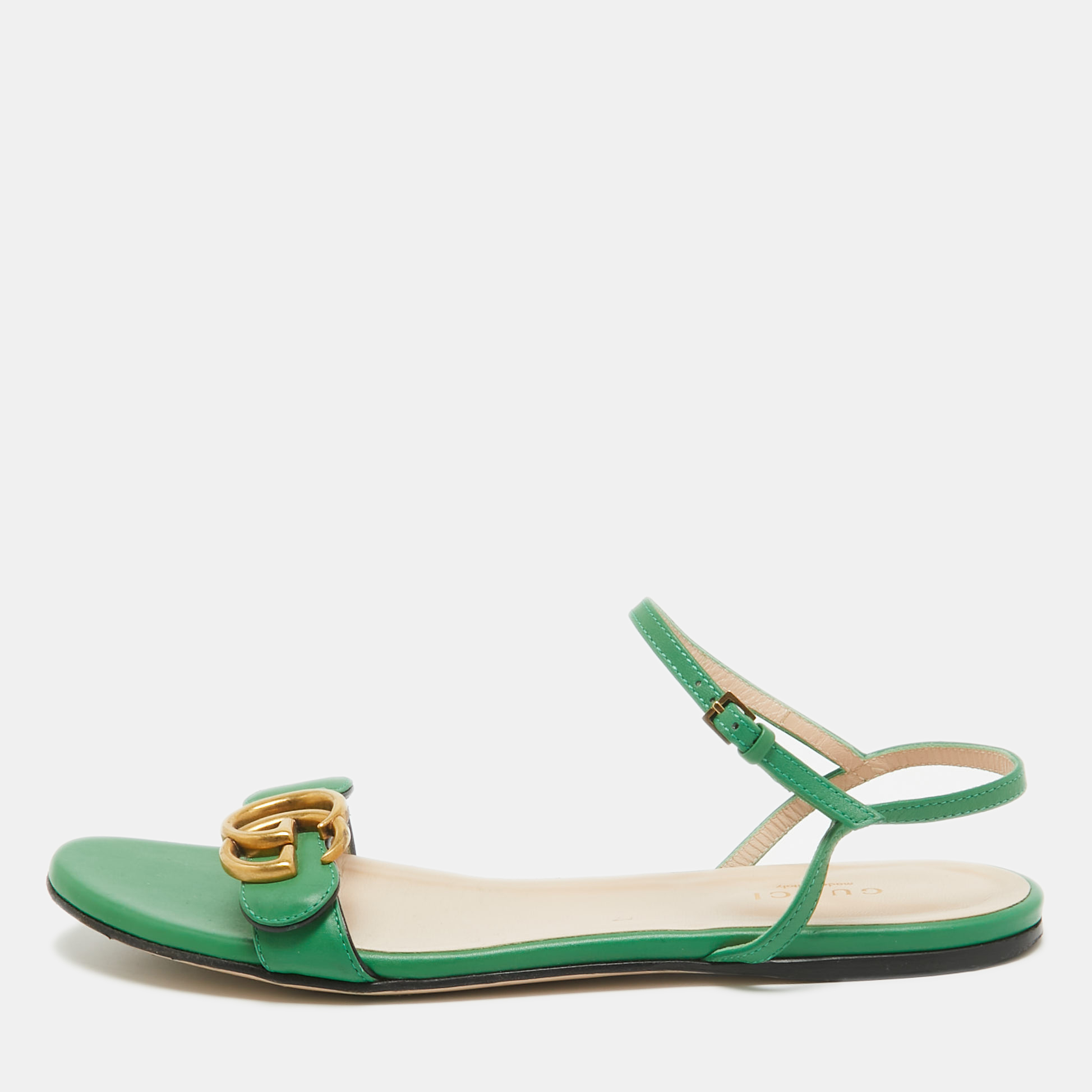 

Gucci Green Leather GG Marmont Ankle Strap Flat Sandals Size