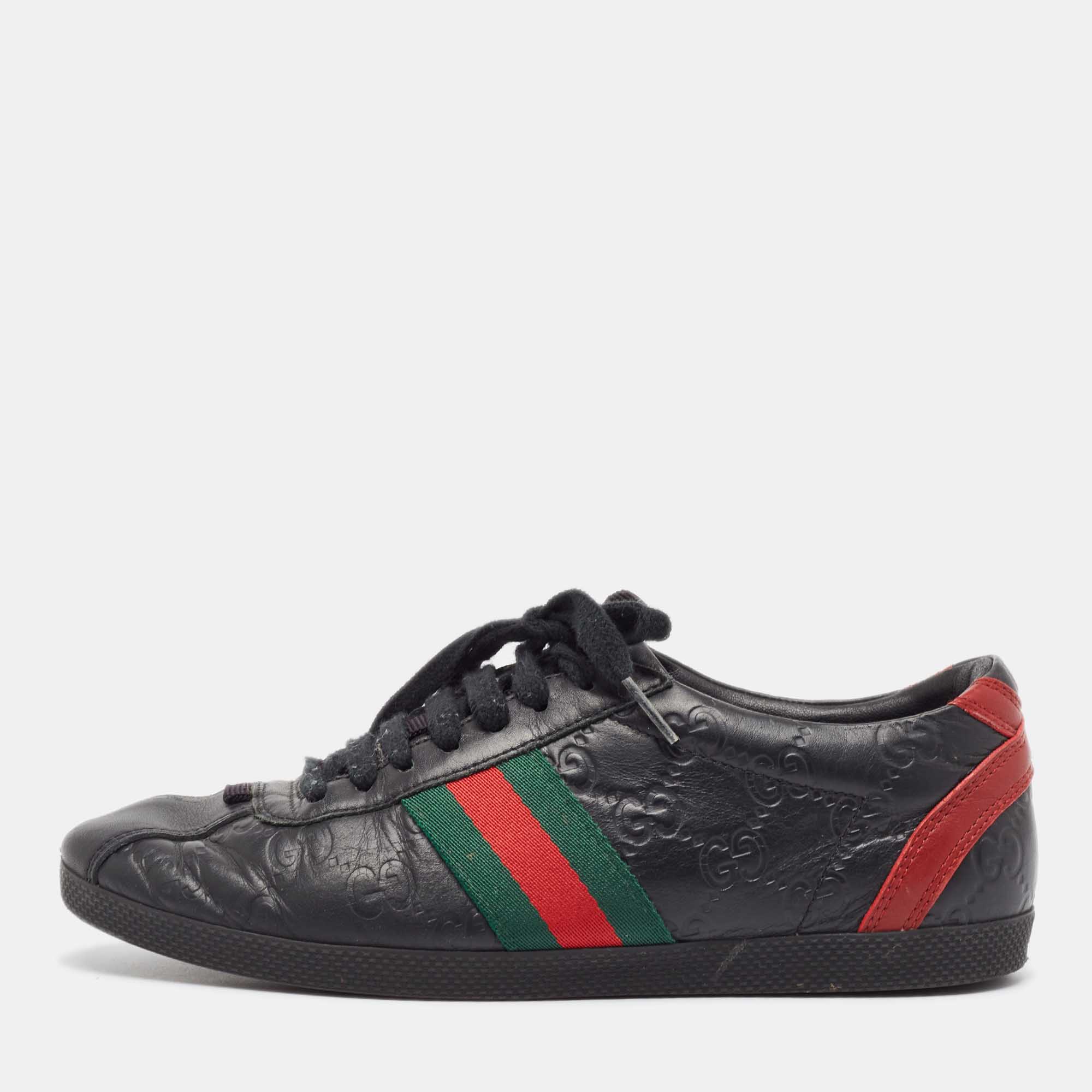 Pre-owned Gucci Black Leather Web Low Top Sneakers Size 36