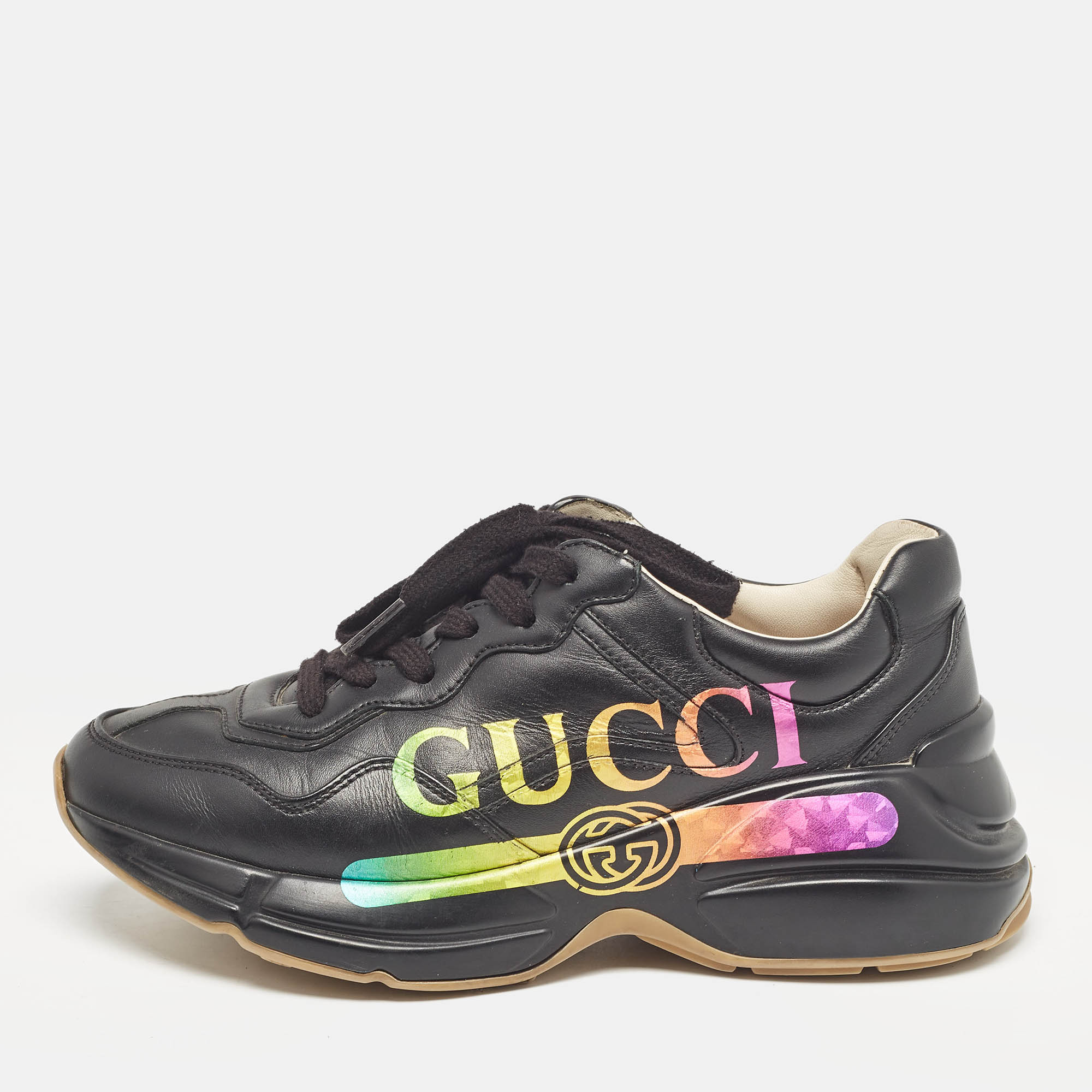 

Gucci Black Leather Iridescent Logo Rhyton Sneakers Size