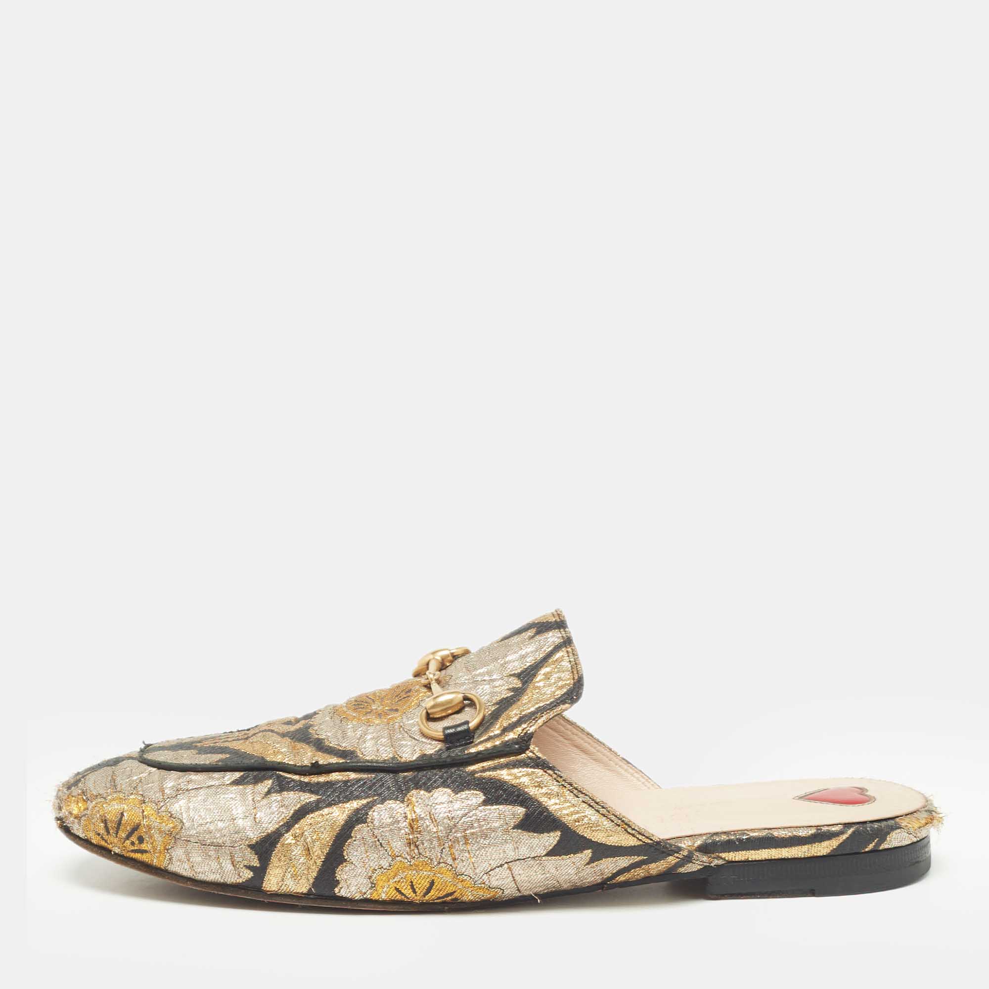 

Gucci Black/Gold Brocade Fabric Princetown Flat Mules Size