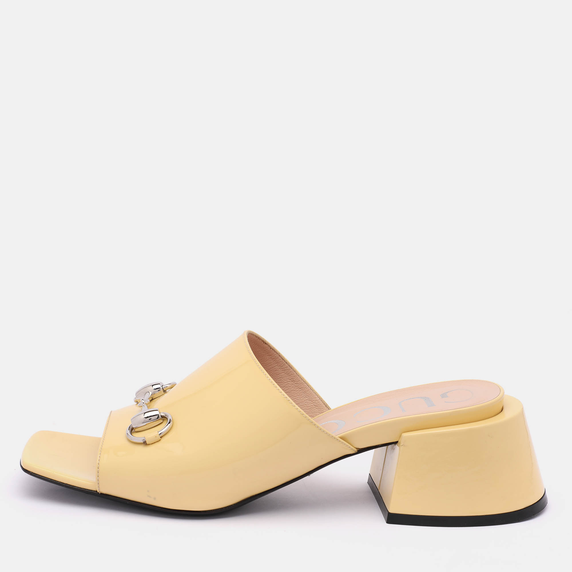 

Gucci Yellow Patent Leather Lexi Horsebit Slide Sandals Size