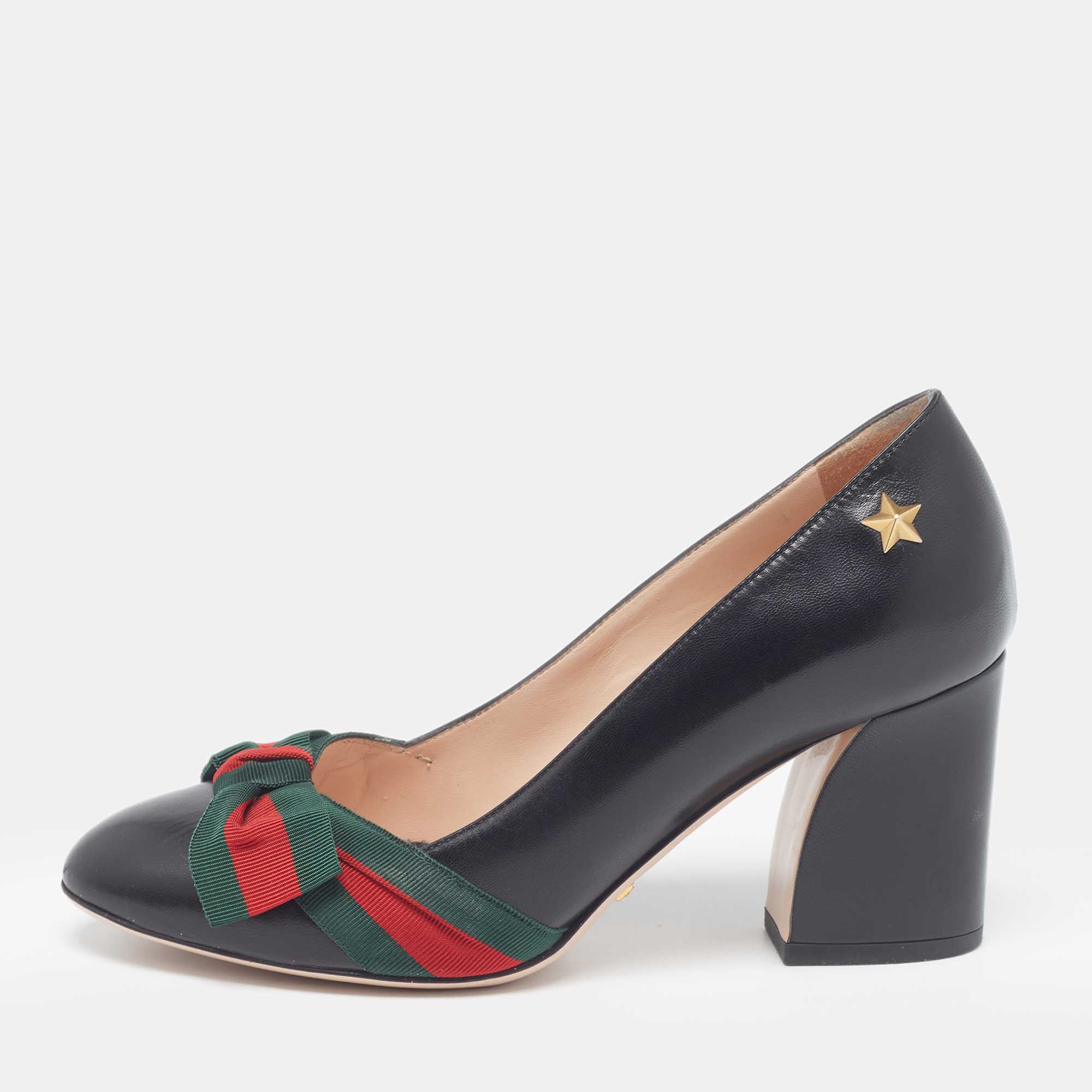 

Gucci Black Leather Web Bow Block Heel Pumps