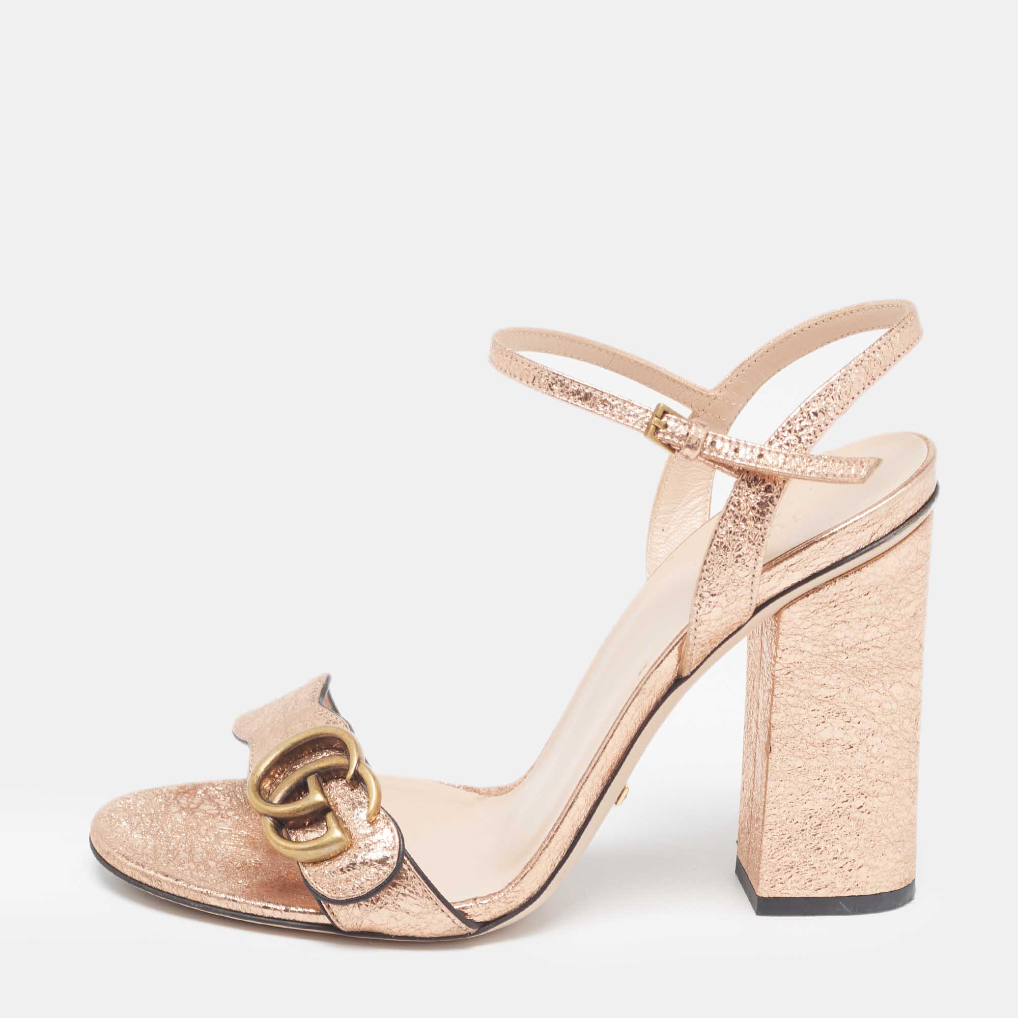 

Gucci Metallic Foil Leather GG Marmont Block Heel Ankle Strap Sandals