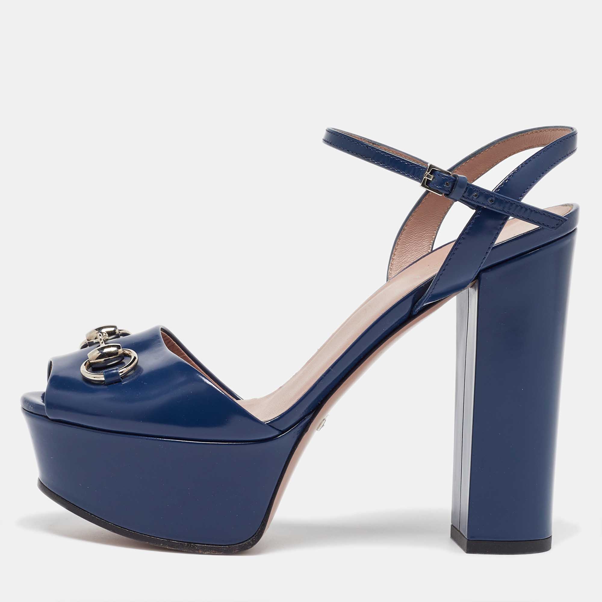 

Gucci Blue Patent Leather Claudie Ankle Strap Sandals Size