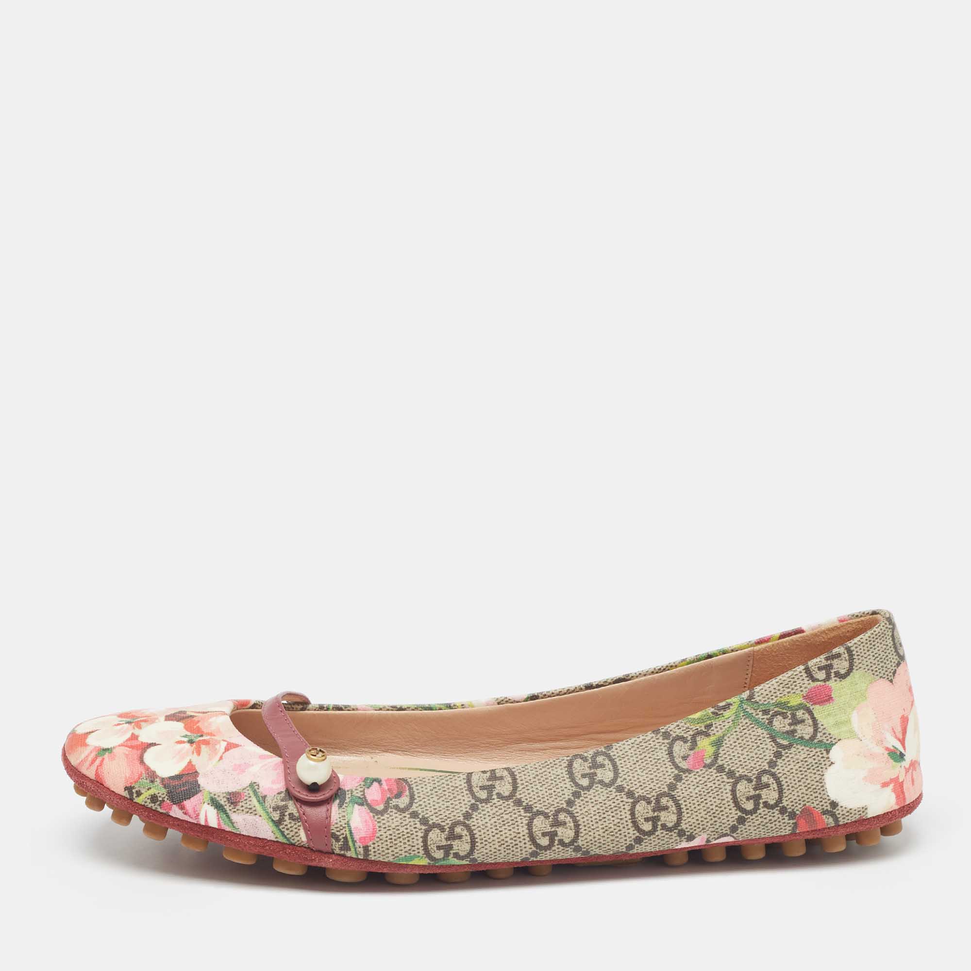 

Gucci Beige/Brown Blooms Print GG Supreme Canvas Ballet Flats Size