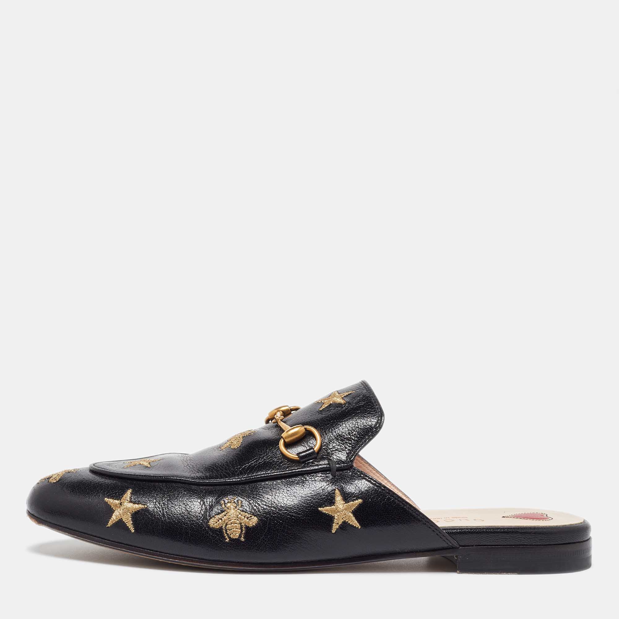 

Gucci Black Leather Star and Bee Embroidered Princetown Mules Size