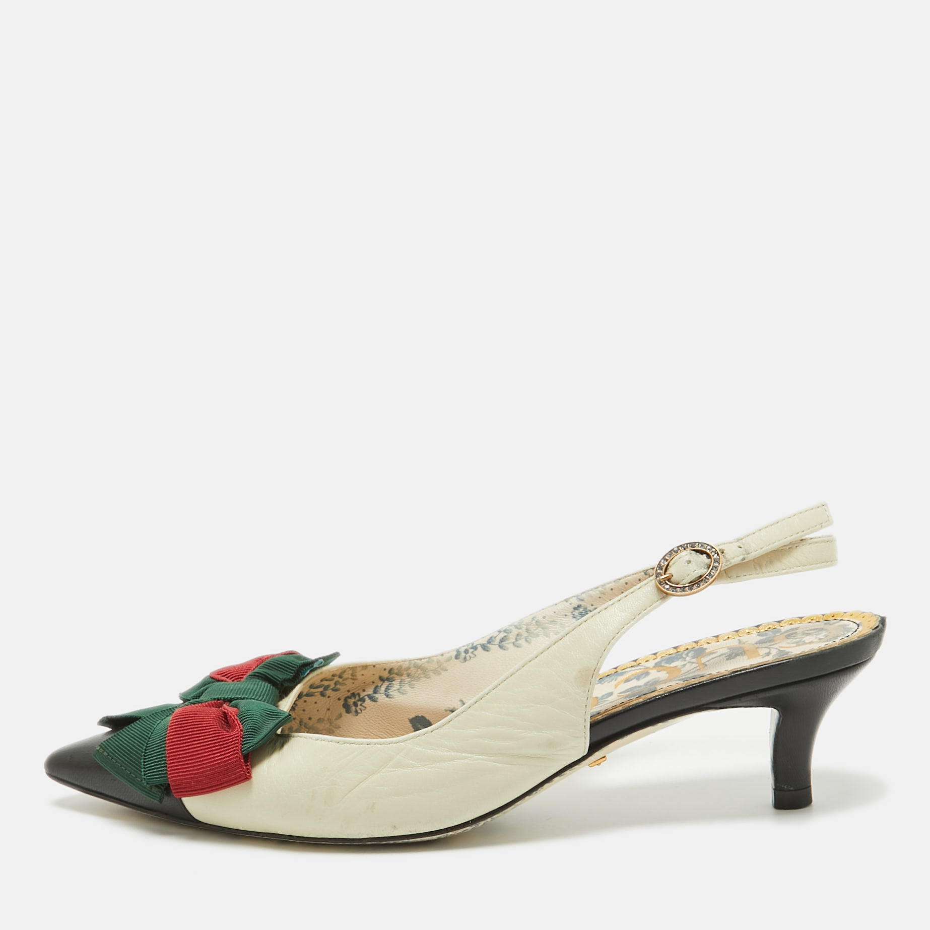 

Gucci White/Black Leather Sylvie Web Bow Slingback Pumps Size