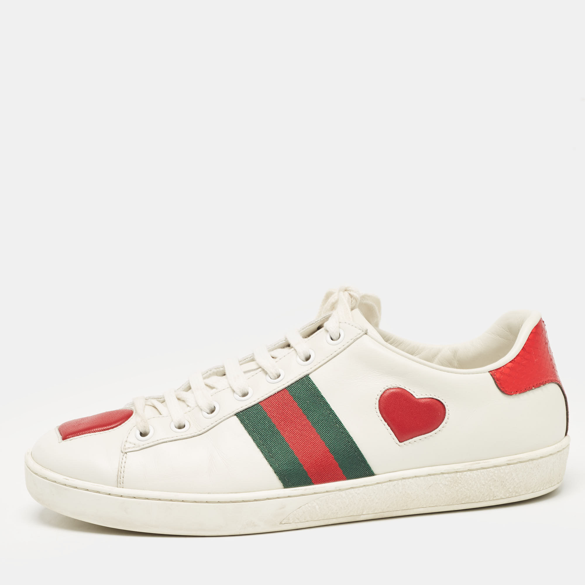 Pre-owned Gucci White Leather And Snakeskin Embossed Ace Web Lace Up Sneakers Size 38.5