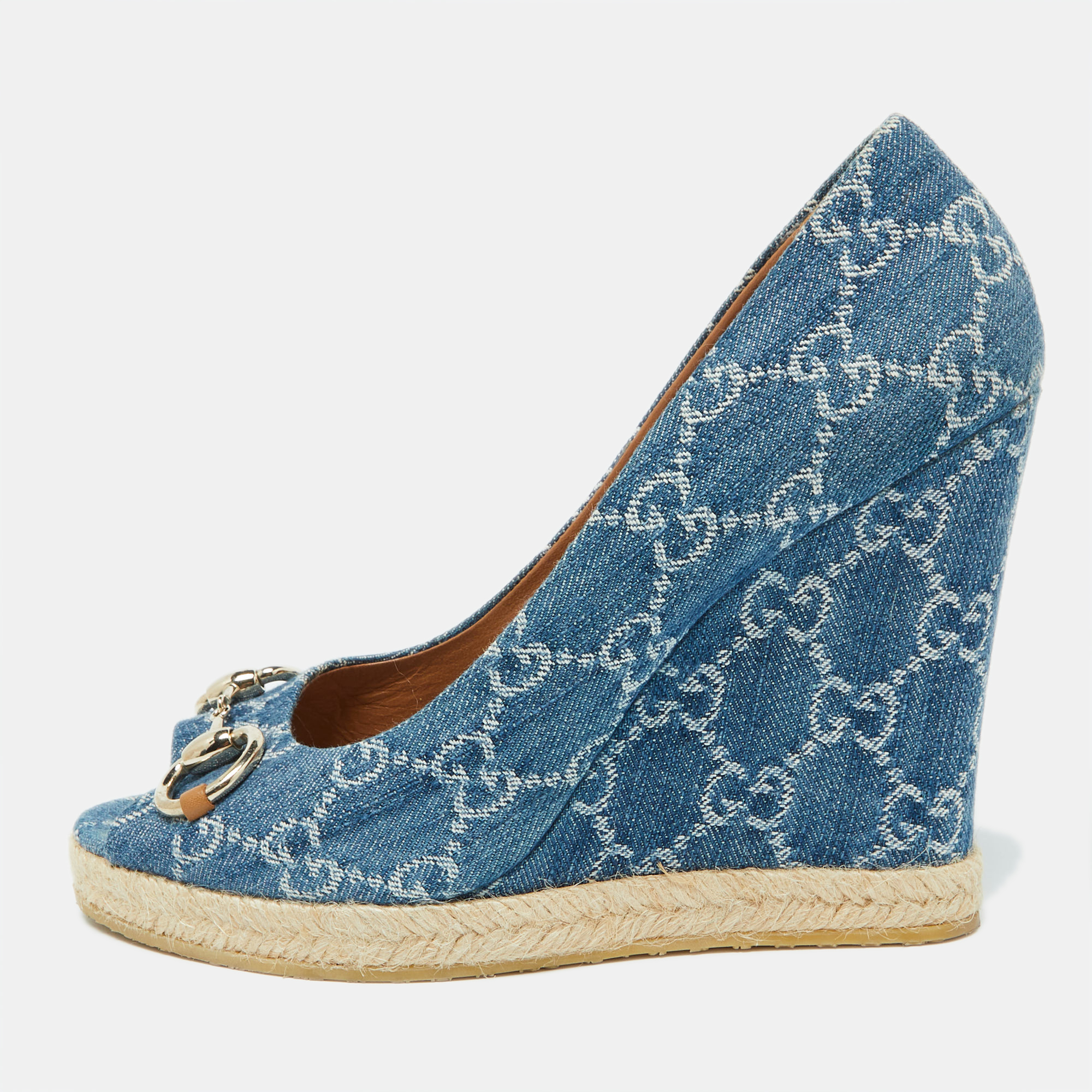 

Gucci Blue GG Denim Charlotte Horsebit Peep Toe Wedge Pumps Size