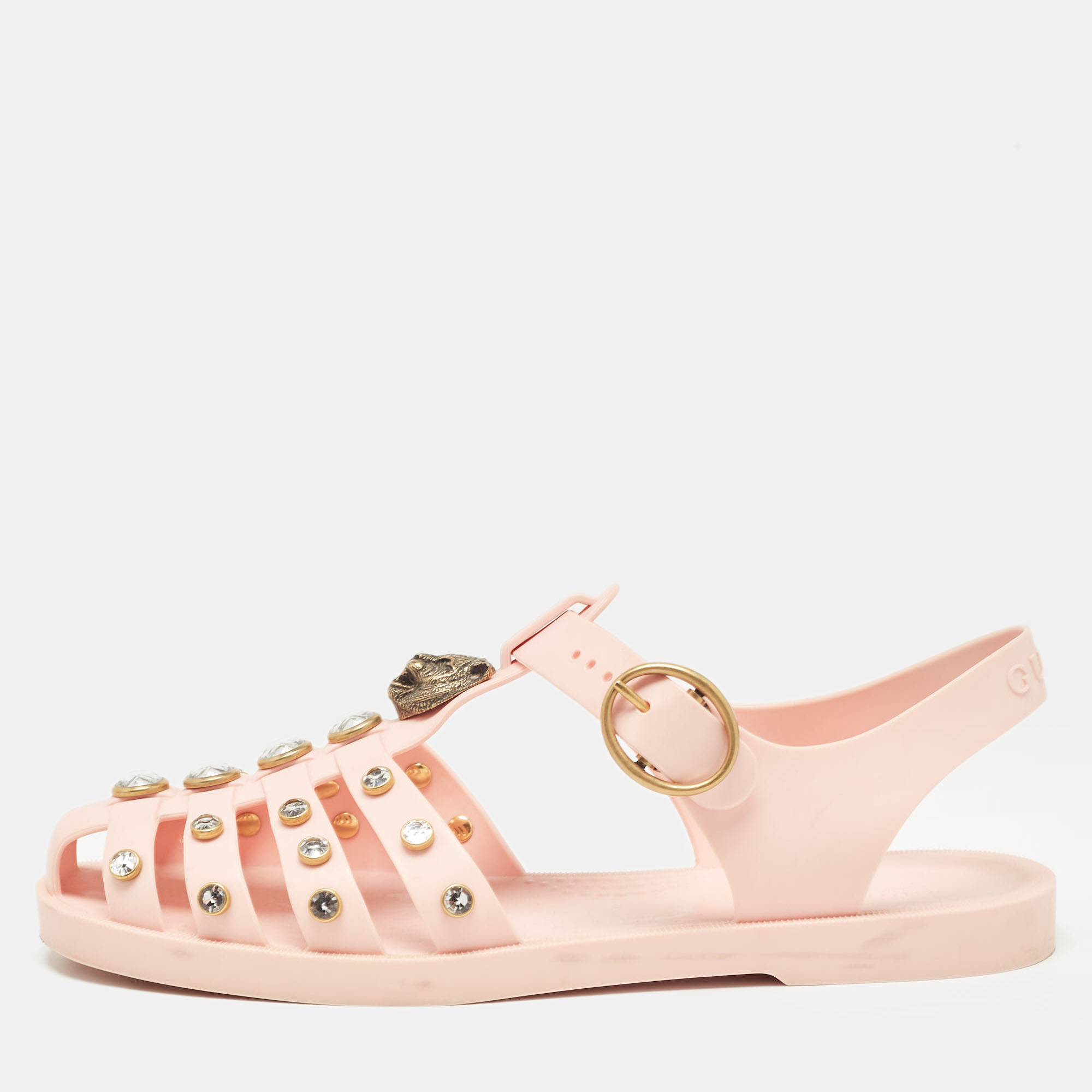 

Gucci Light Pink Rubber GG Marmont Embellishments Caged Flat Sandals Size